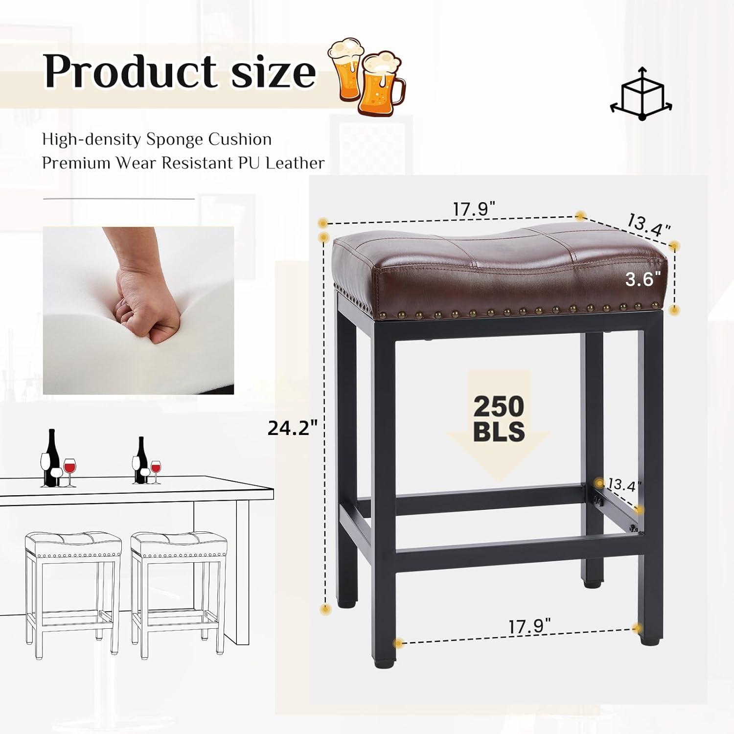 Bar Stools Set of 2, 24 inch Counter Height Bar Stools, Upholstered Modern Kitchen Barstools with Metal Base, PU Leather Saddle Stools for Kitchen Island, Black