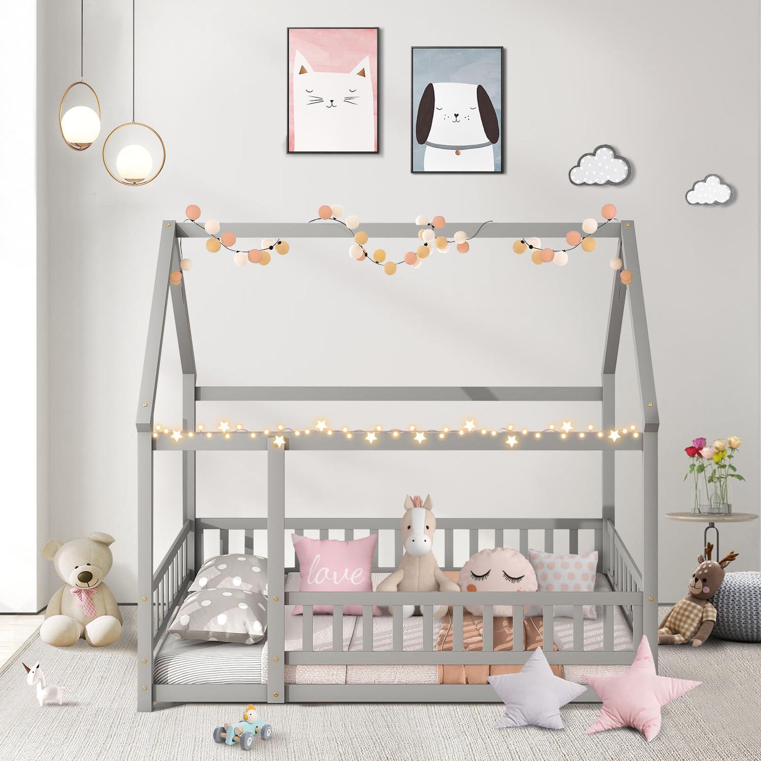 Twin Floor Bed for Kids, Wooden House Bed Frame with Roof, Fence Guardrails, Montessori Bed for Toddlers Girls Boys, Gray