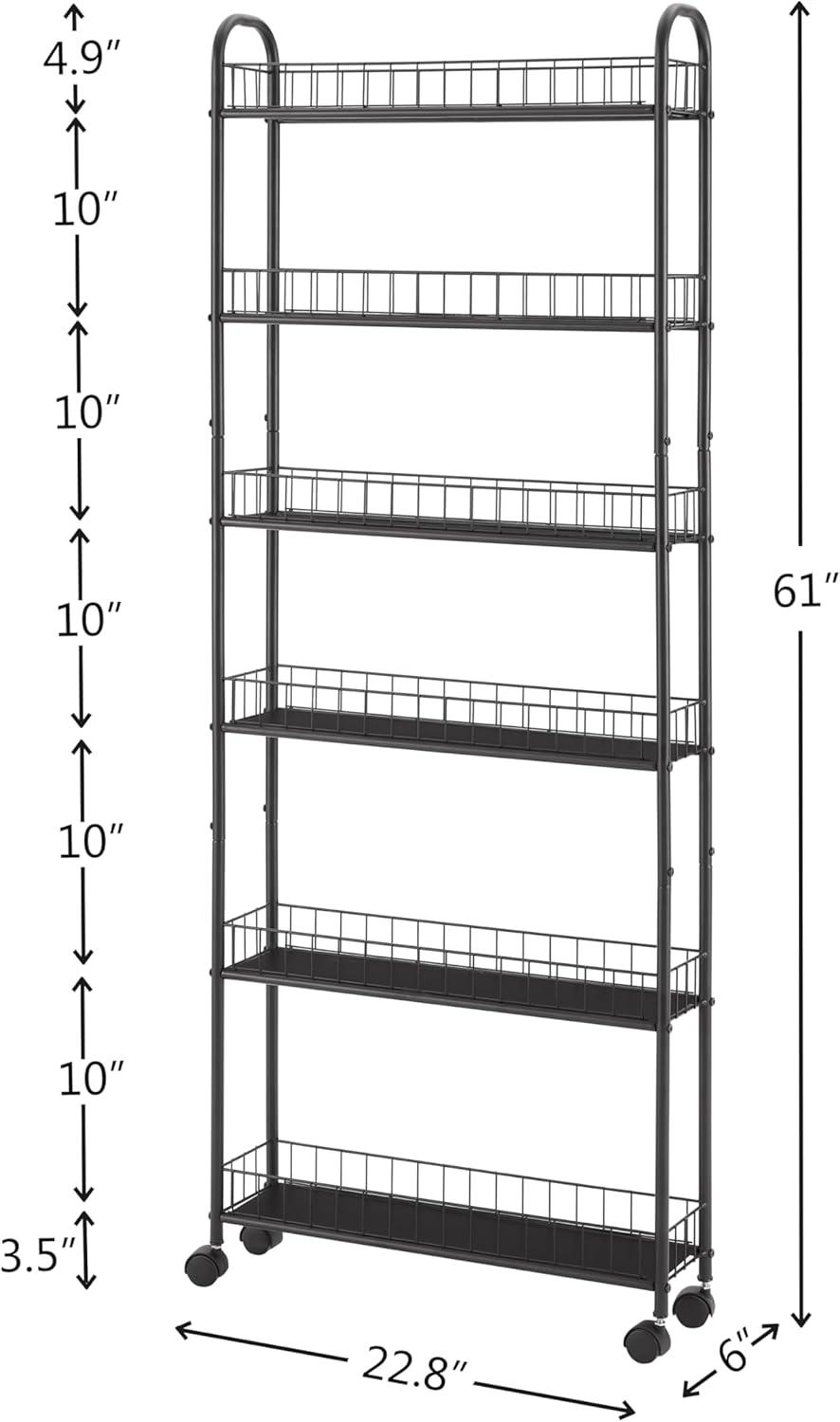 Black Metal 6-Tier Slim Rolling Storage Cart with Wheels