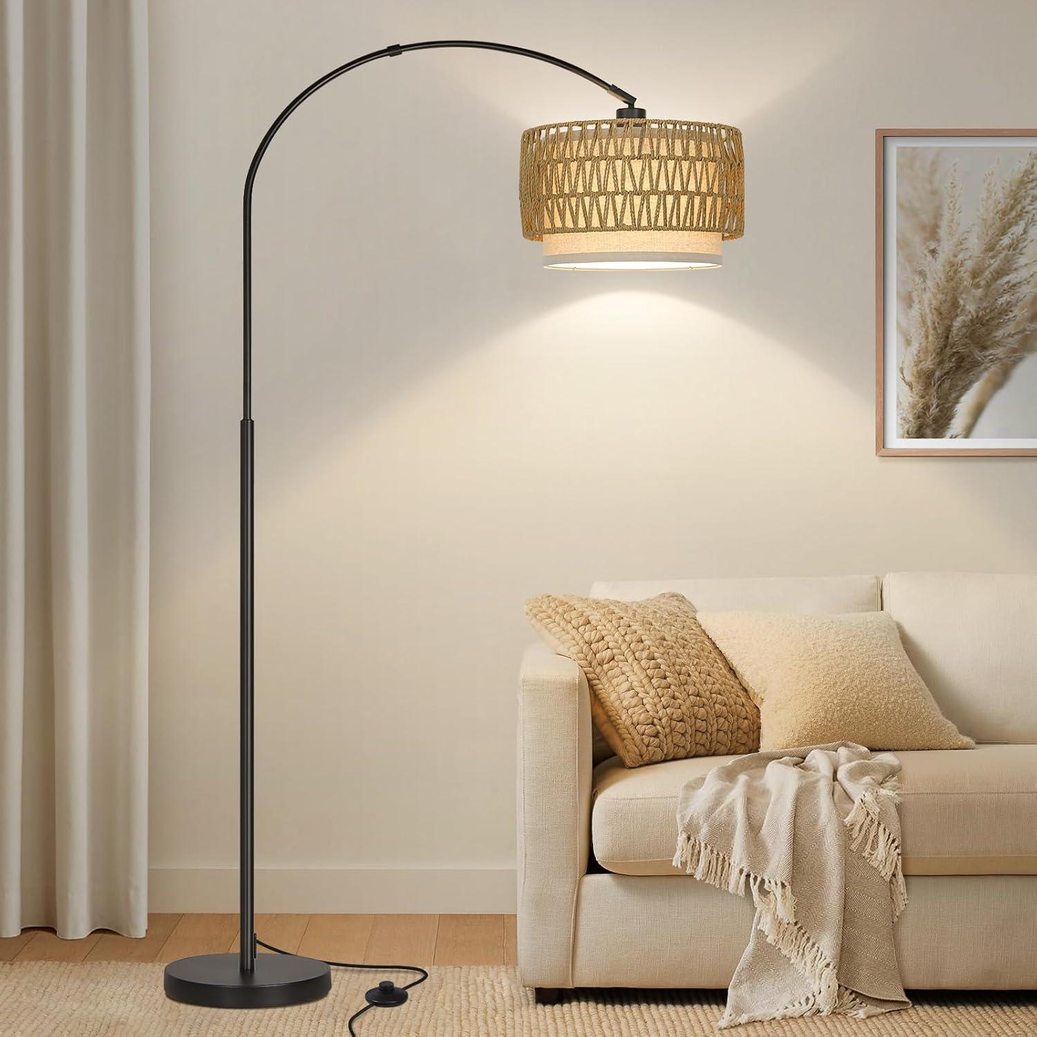 Rattan Floor Lamp, Dimmable Arc Floor Lamps for Living Room, Boho Farmhouse Standing Lamp with Adjustable Head, Tall Pole Lamp Reading Light for Bedroom, Over Couch, Office, 9W LED Bulb Included