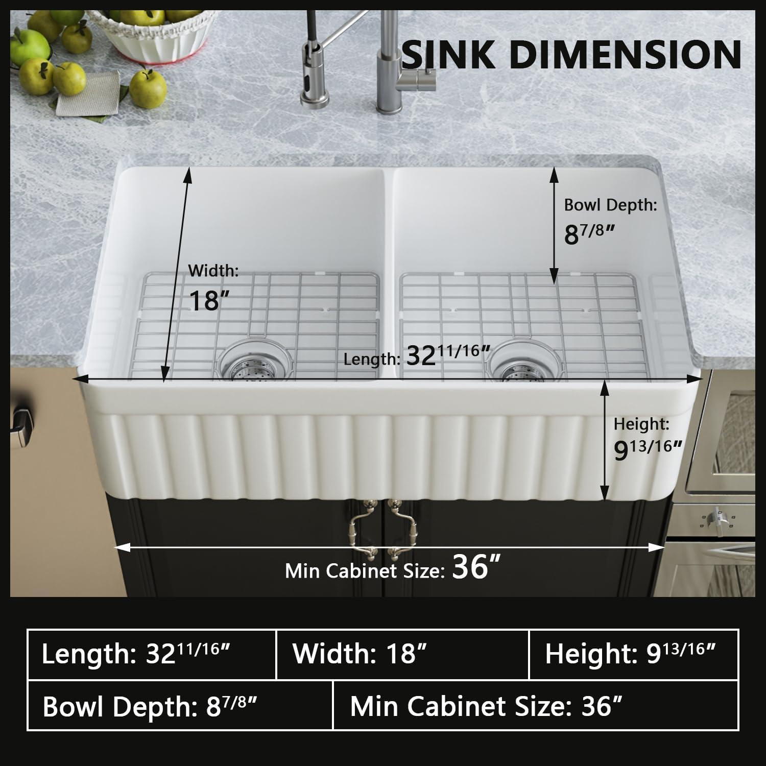 Nova 33" L x 18" W Double Bowl Fireclay Farmhouse Kitchen Sink with Sink Grid and Basket Strainer