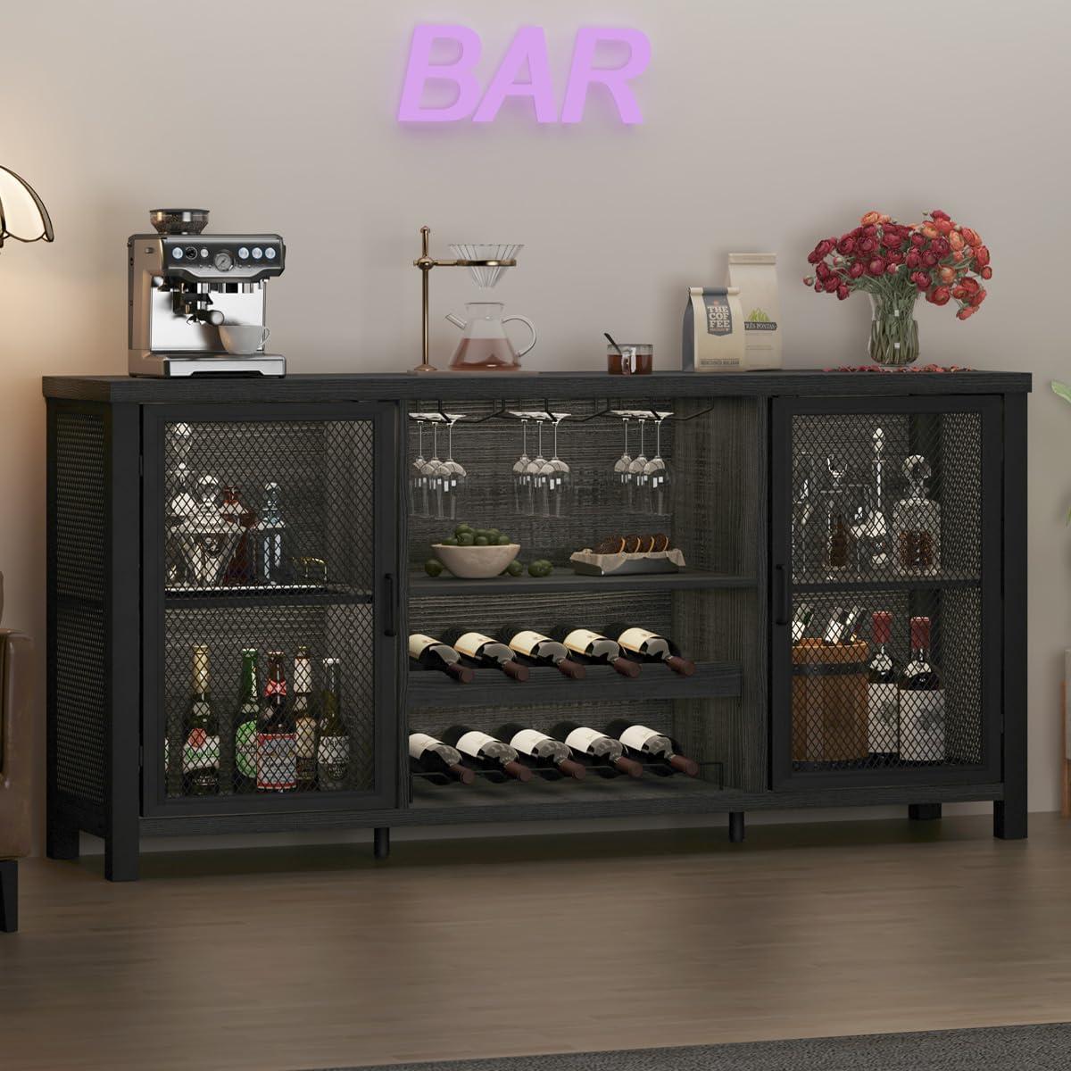 Industrial Dark Gray Oak Bar Cabinet with Mesh Doors and Storage Rack