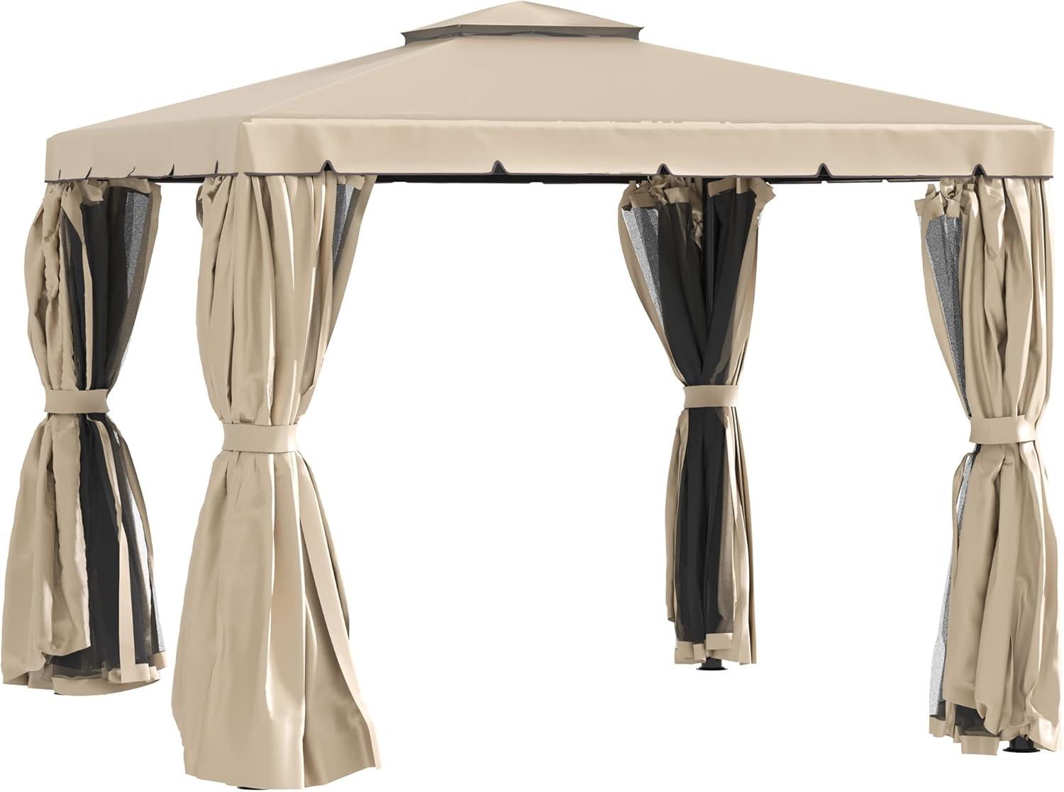 Khaki Aluminum Frame 10' x 10' Patio Gazebo with Mesh Curtains