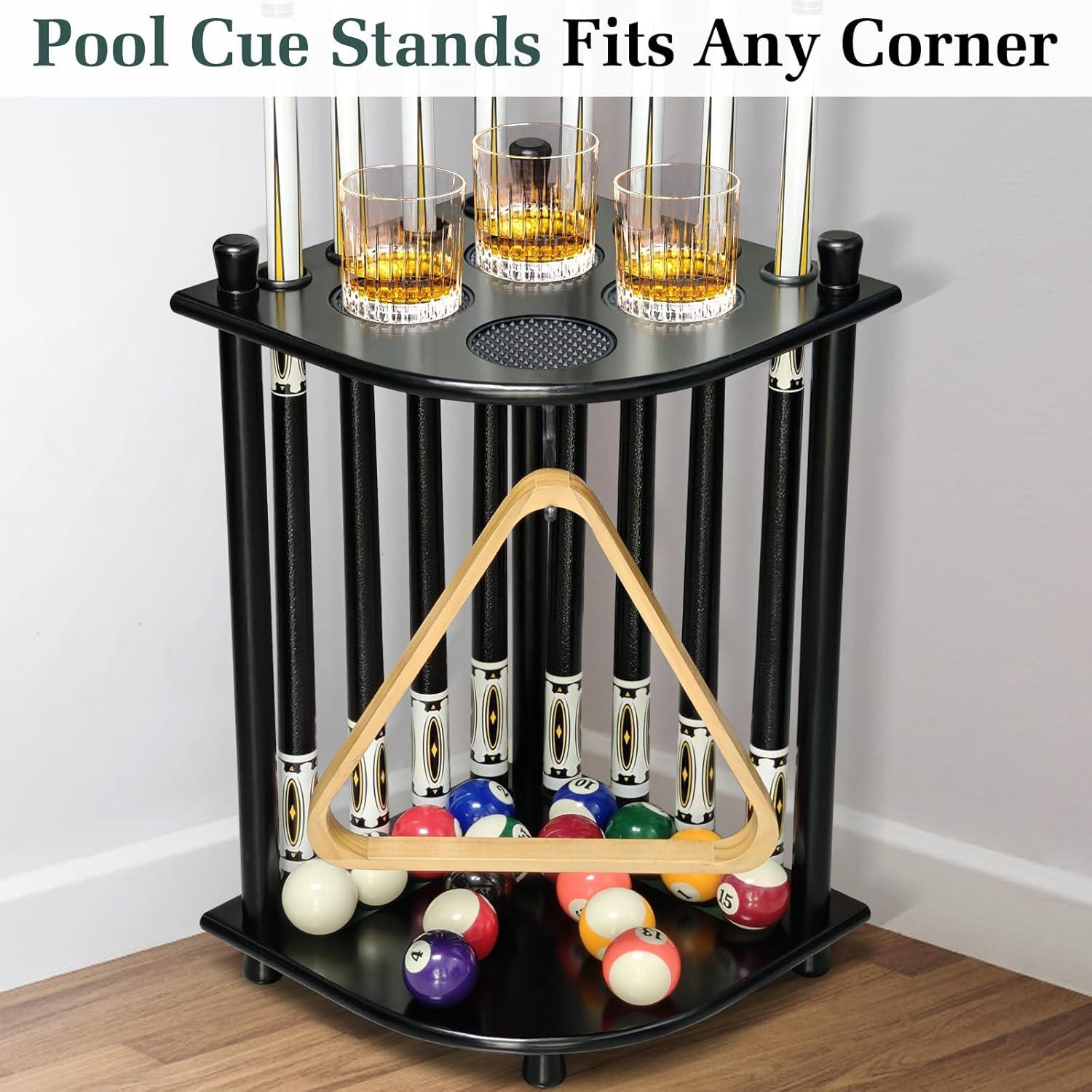 Wood Pool Cue Rack Solid Pool Stick Holder,Black Floor Stand Holds 8 Pool Billiard Stick Billiard Cue Racks,Pool Table Accessories for Game Room,Club