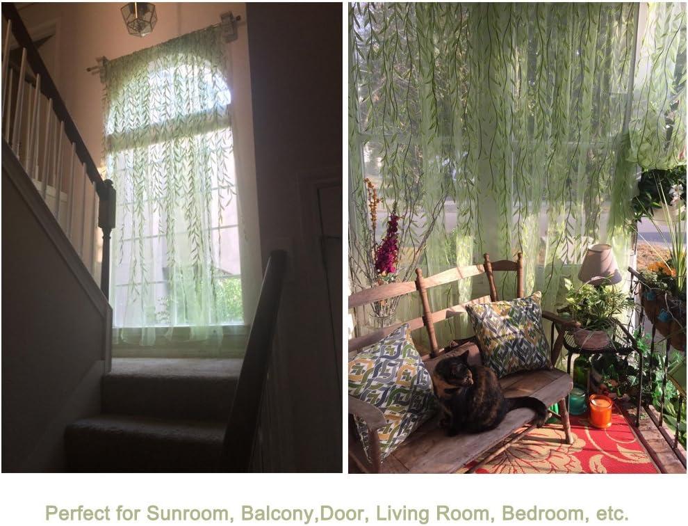 XmhyTop Rely2016 2 Pieces Willow Window Curtain Voile Tulle Room Salix Leaf Sheer Gauze Curtain Voile Panel Drapes Curtain Green Color for Living Room, Bedroom, Balcony ,100 x 200cm