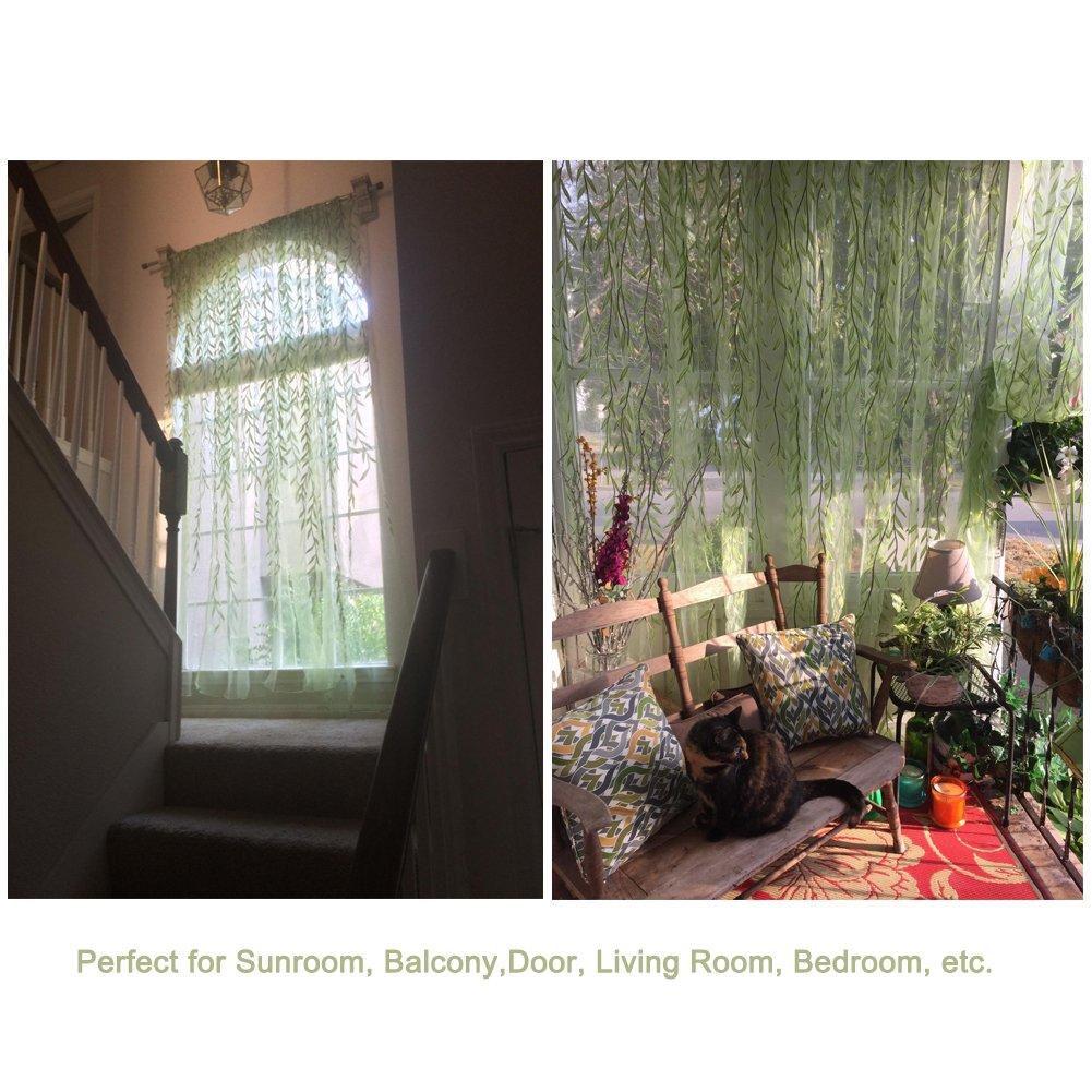 XmhyTop Rely2016 2 Pieces Willow Window Curtain Voile Tulle Room Salix Leaf Sheer Gauze Curtain Voile Panel Drapes Curtain Green Color for Living Room, Bedroom, Balcony ,100 x 200cm