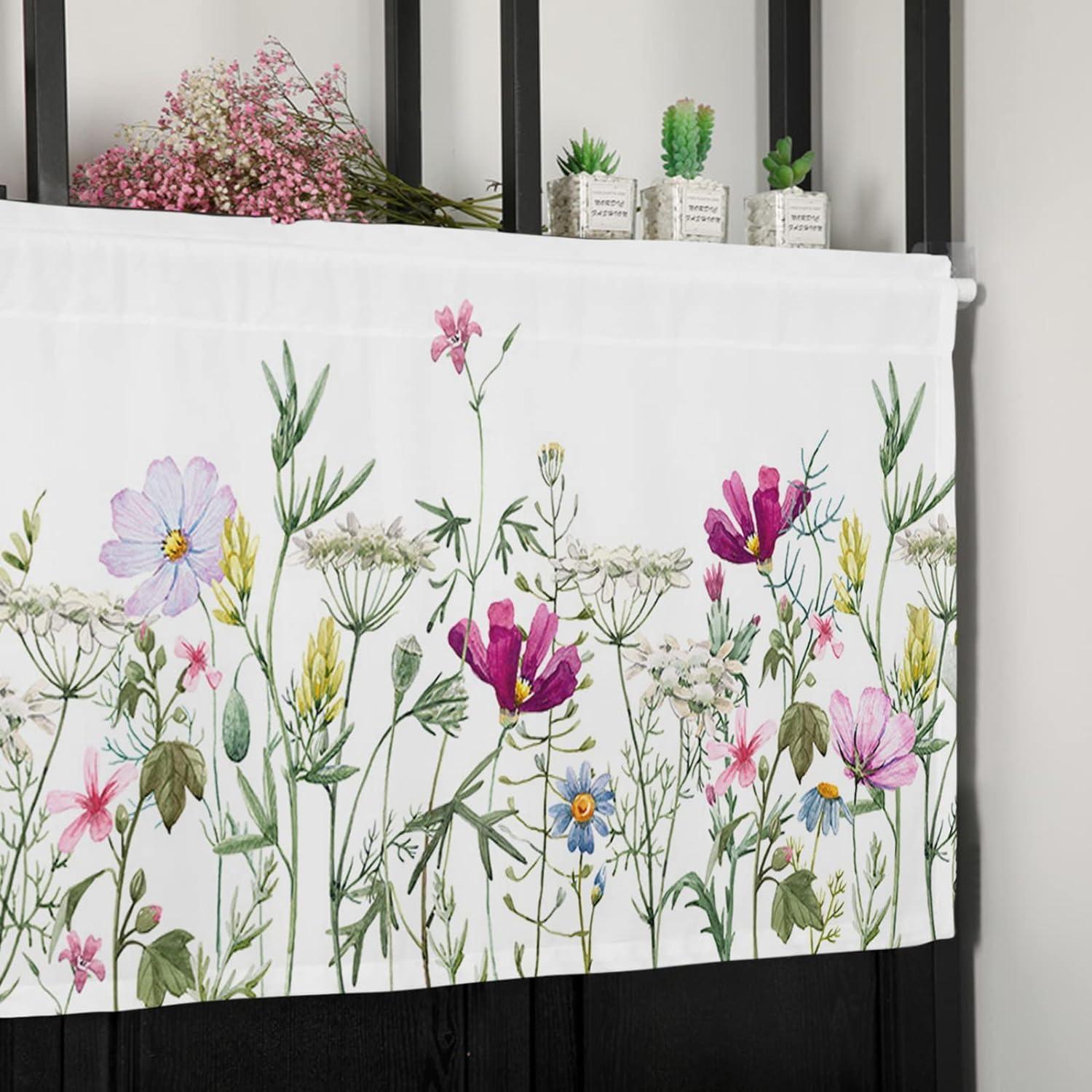 Spring Watercolor Floral Print Valance with Rod Pocket, 54" x 18"