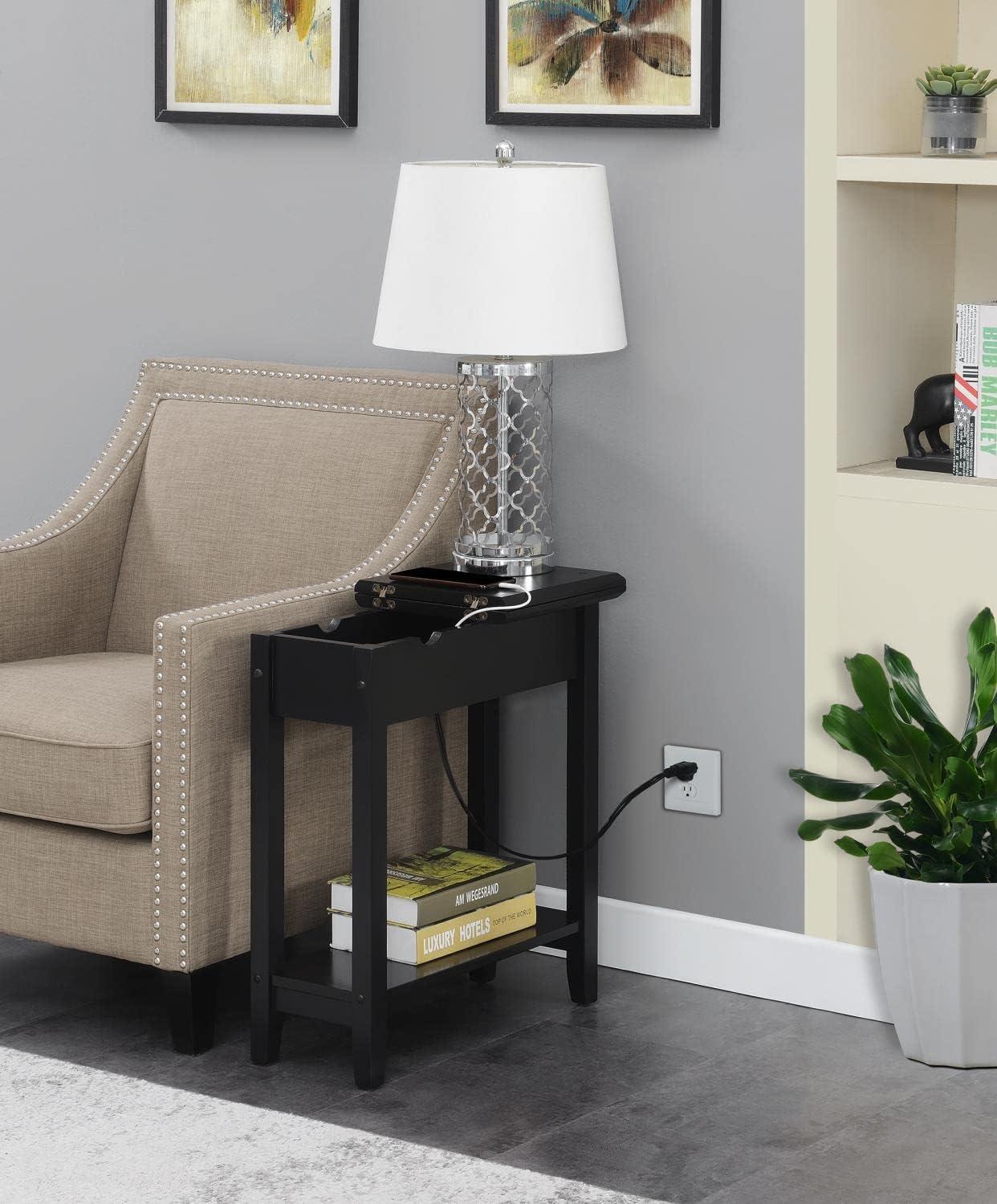 American Heritage Flip Top End Table with Charging Station and Shelf Black