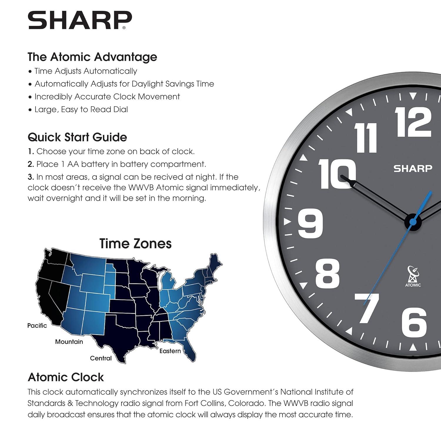 Sharp Atomic Analog Wall Clock - 12" Grey Face Silver Finish Auto Set Battery Opp Modern Design