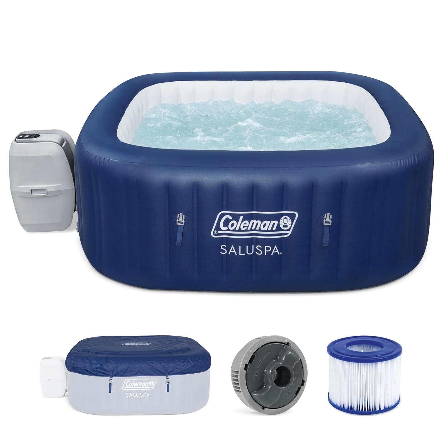 Coleman SaluSpa Atlantis AirJet 4 to 6 Person Inflatable Hot Tub Square Portable Outdoor Spa with 140 Soothing Jets with Cover, Blue