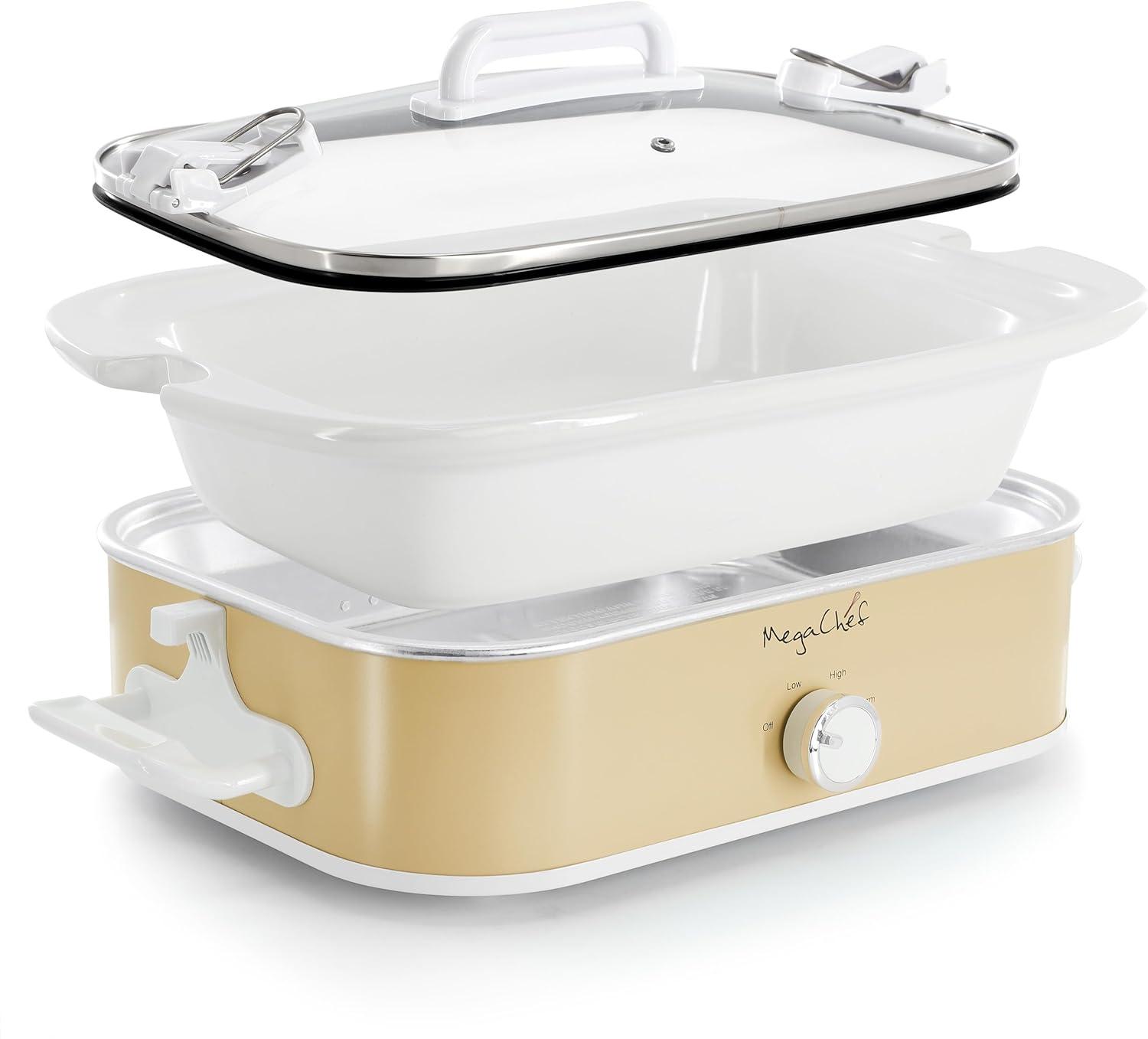 MegaChef 3.5qt Casserole Slow Cooker with 3 Temperature Settings Cream: Stainless Steel, Stoneware, Glass, Dishwasher-Safe Parts