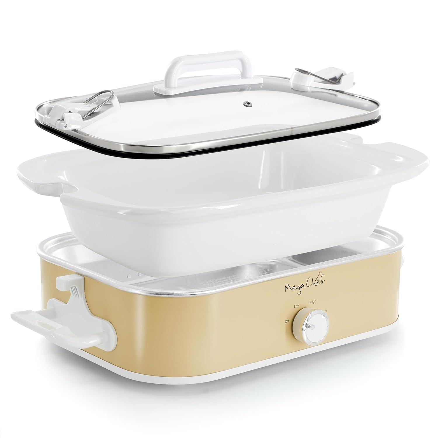 MegaChef 3.5qt Casserole Slow Cooker with 3 Temperature Settings Cream: Stainless Steel, Stoneware, Glass, Dishwasher-Safe Parts