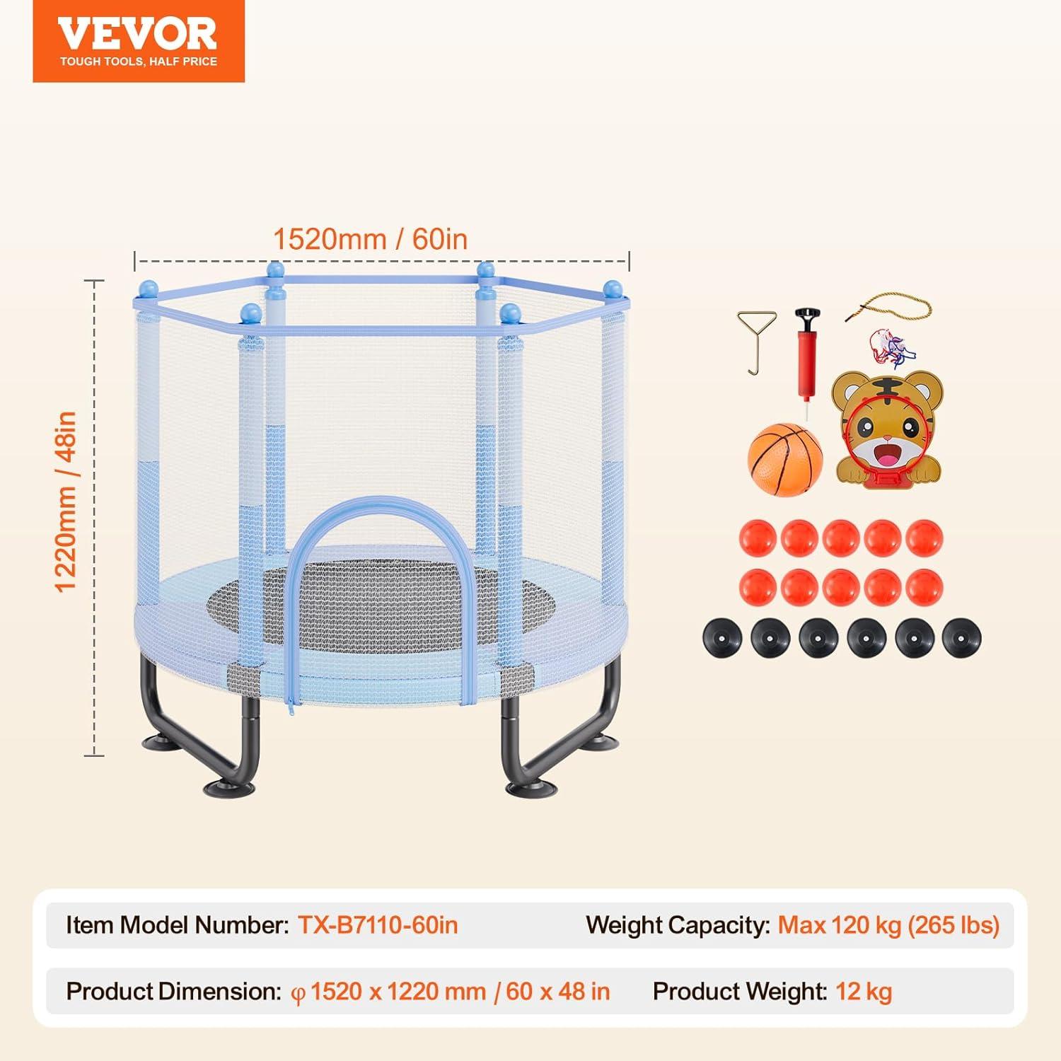 VEVOR 60" Trampoline for Kids Mini Toddler Trampoline with Net Indoor Outdoor