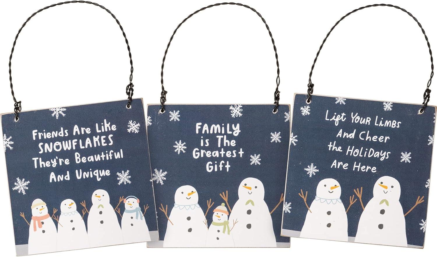 Blue and White Wooden Snowflake Snowmen Ornament Set