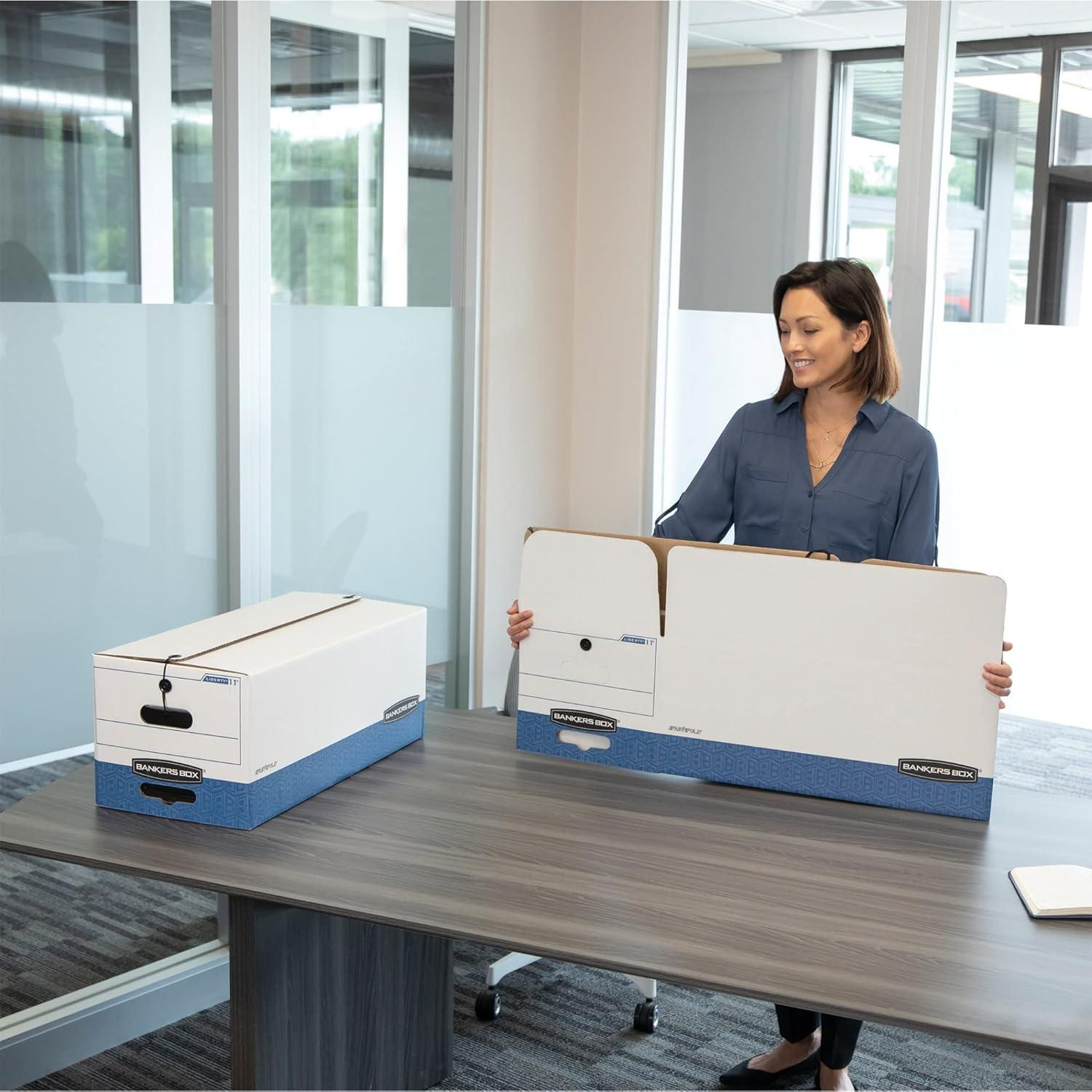 Bankers Box® Stor/File™ 60% Recycled Storage Boxes, String & Button, 24" x 12" x 10", Letter, White/Blue, Pack Of 3