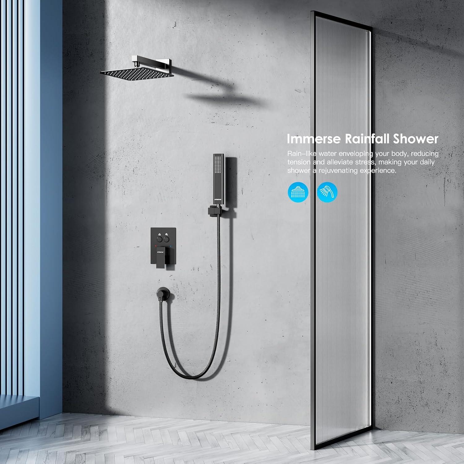 Shower System Shower Faucet Set with Push-Button Diverter and Wall Supply Elbow 10 Inch Shower Head Matte Black