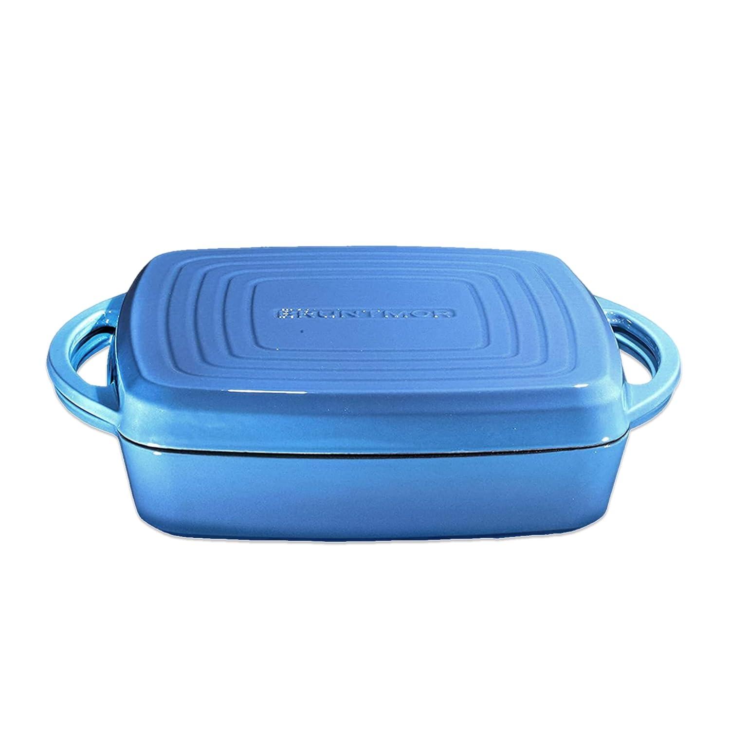 Bruntmor 2-in-1 Pre-seasoned Square Cast Iron Dutch Oven With Dual Handles, Blue