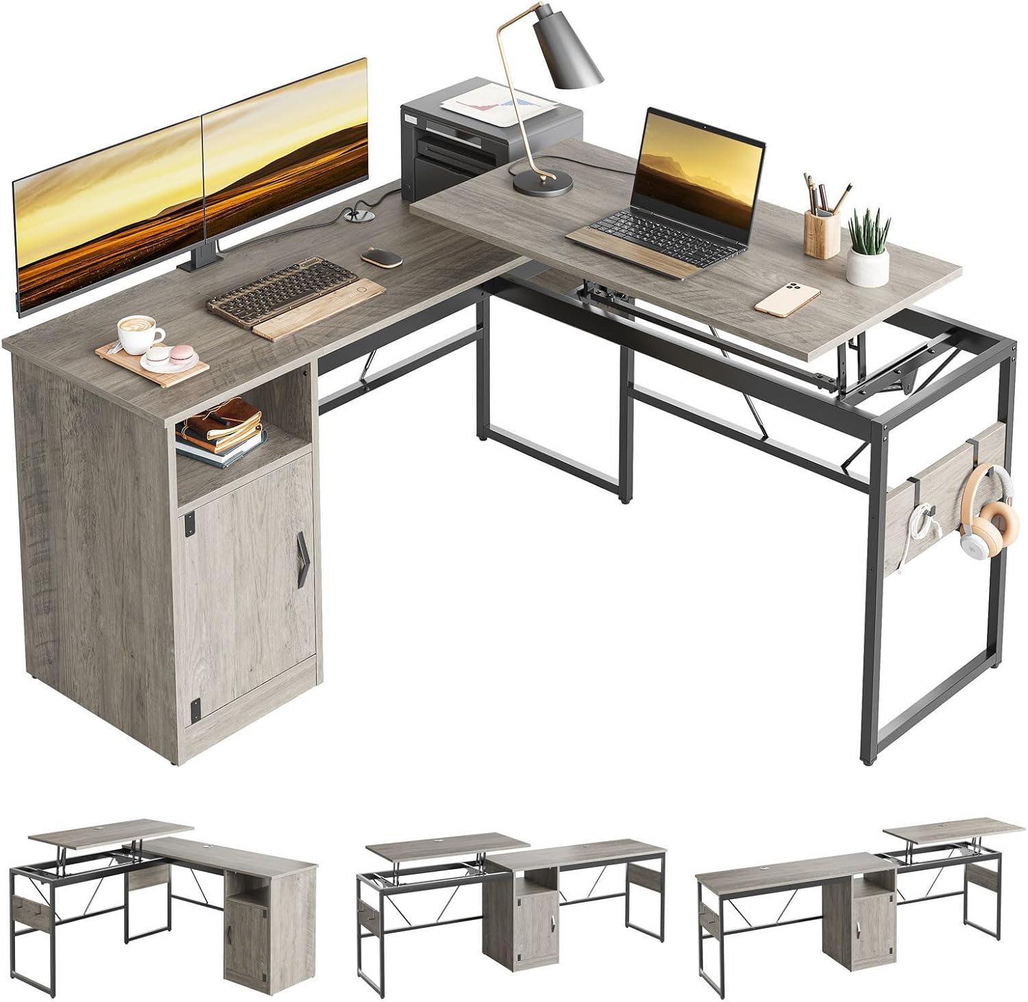 Bestier Reversible 60 inches L Shaped Computer Desk with Storage Cabinet Long Desk for 2 Person Wash Grey