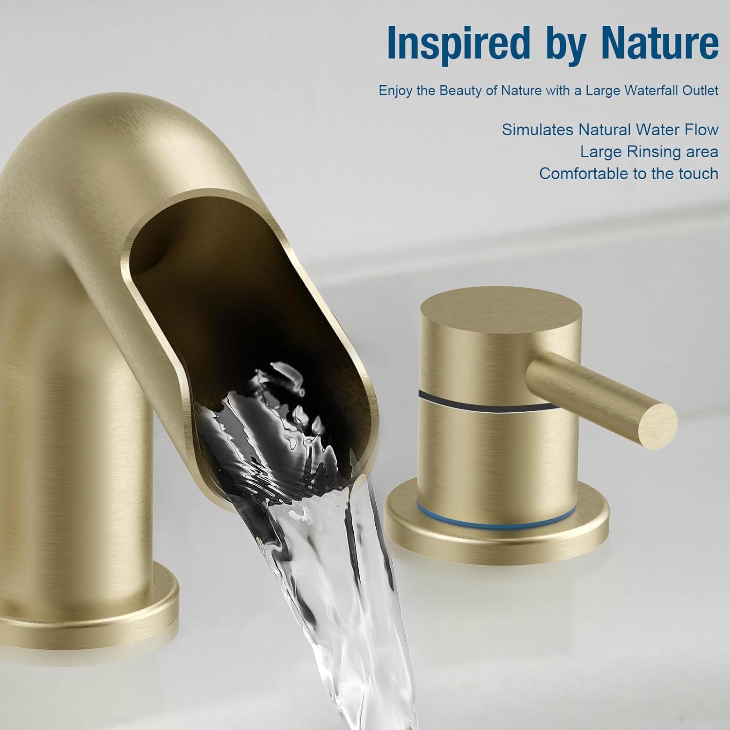 Qomolangma Waterfall Bathroom Faucets 3 Holes 2 Handles - Brushed Gold Bathroom Sink Faucets Widespread with Pop Up Drain, Lavatory Mixer Tap for Bathroom Sink RV Vessel Basin
