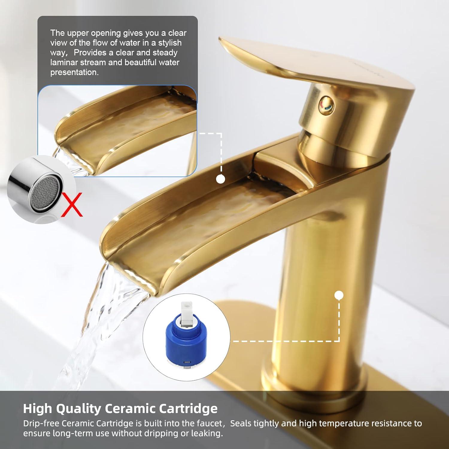 Brushed Gold Brass Waterfall Spout Single-Handle Bathroom Faucet