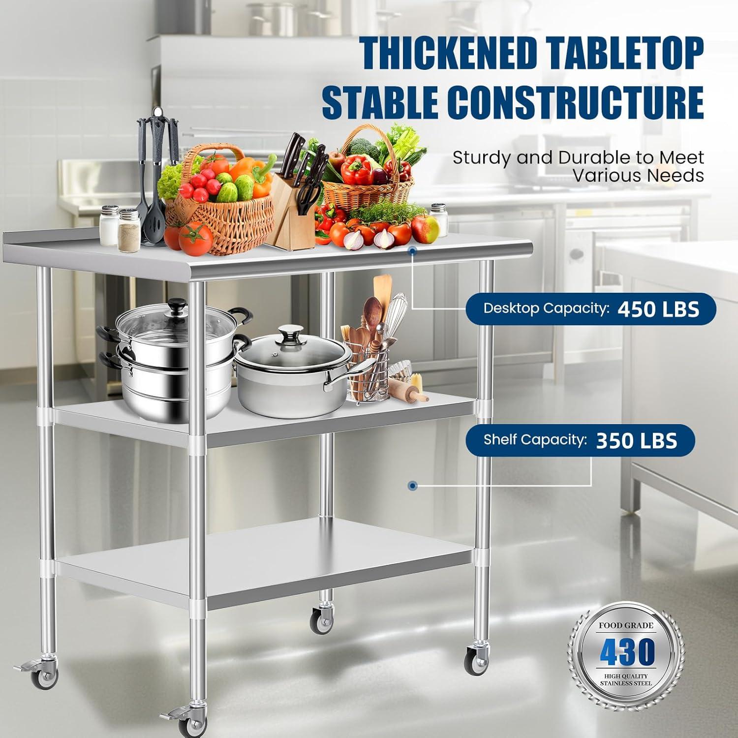 Sakiyr Stainless Steel Work Table, Heavy Duty Commercial Food Prep Table with Undershelf for Home Kitchen