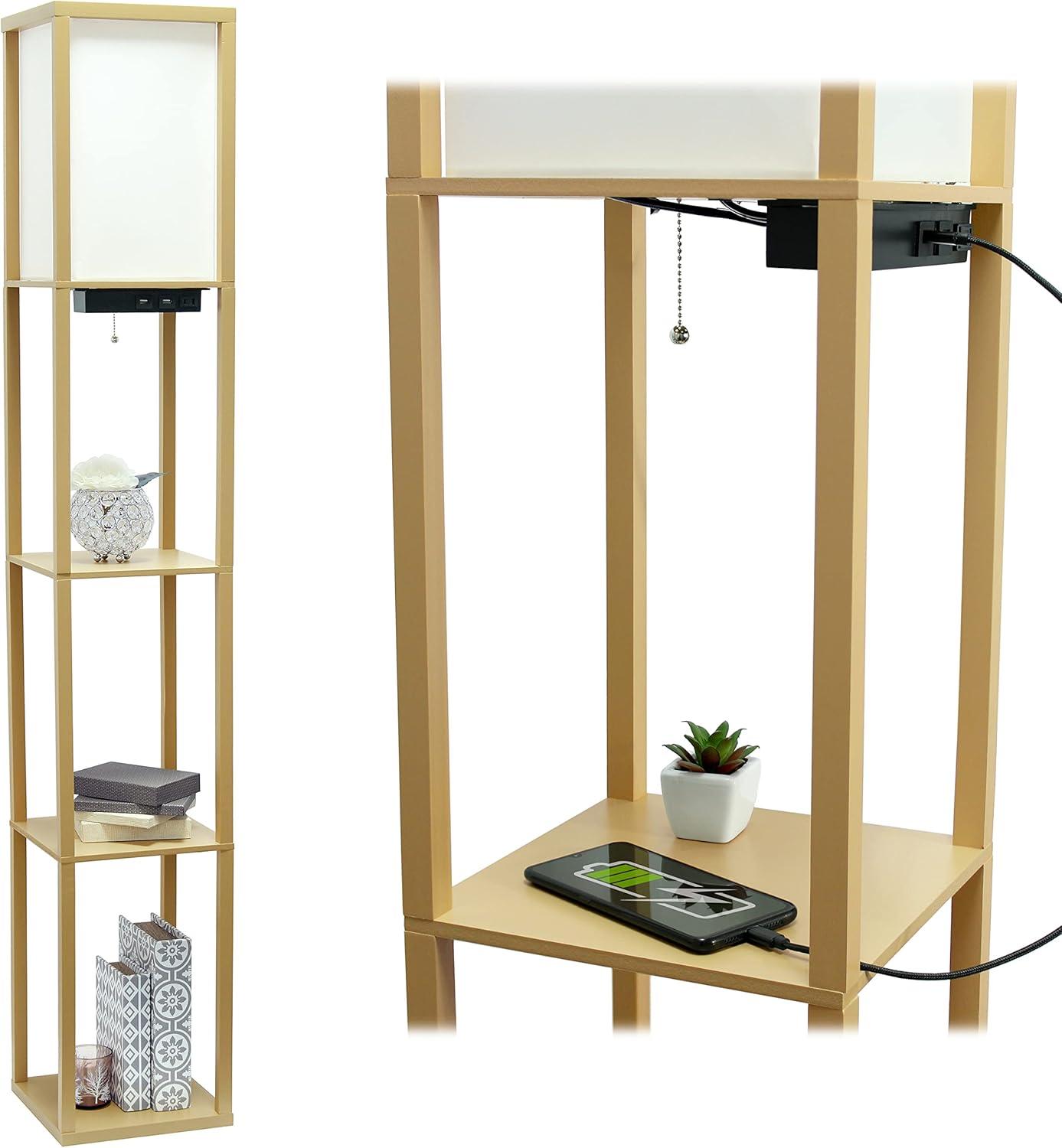 Floor Lamp Etagere Organizer Storage Shelf with 2 USB Charging Ports and Linen Shade - Simple Designs