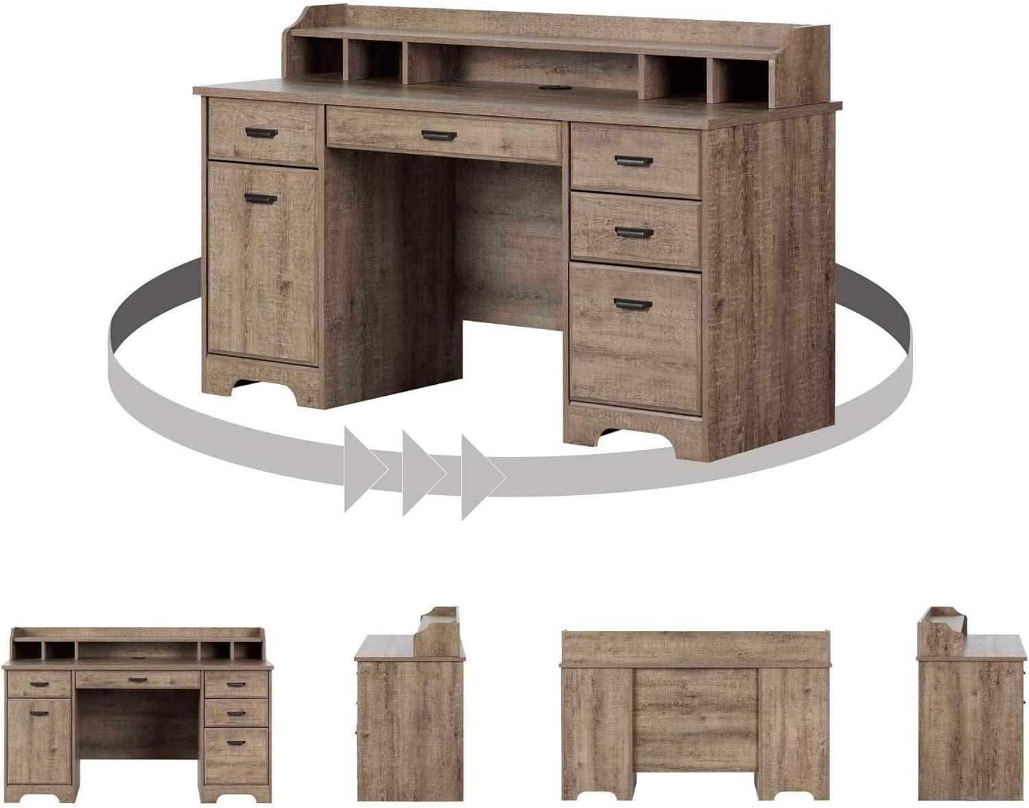 Executive Weathered Oak Computer Desk with Power Outlet and Storage