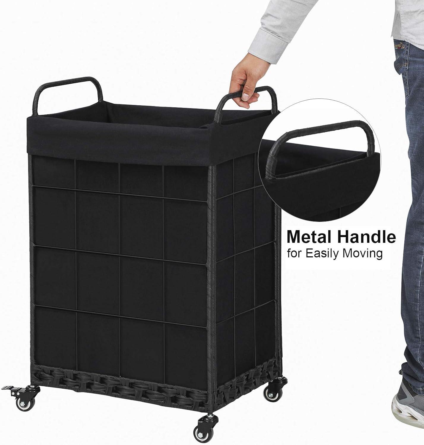 Black Rectangular Rolling Laundry Hamper with Metal Frame