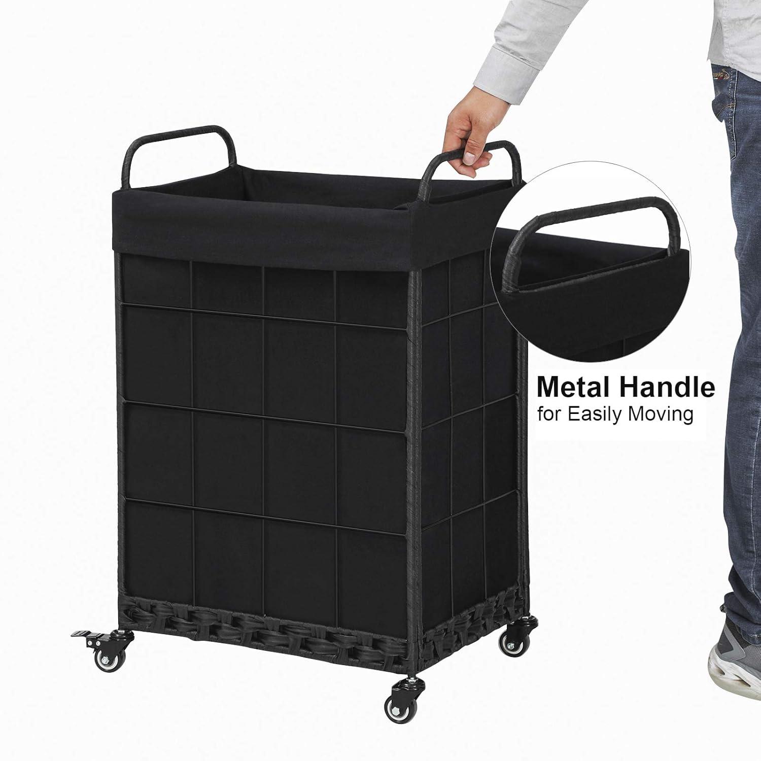 Laundry Hamper with Heavy Duty Rolling Lockable Wheels; Durable Laundry Basket with Detachable Liner Bag; Collapsible Clothes Hamper with Metal Handle (Black)