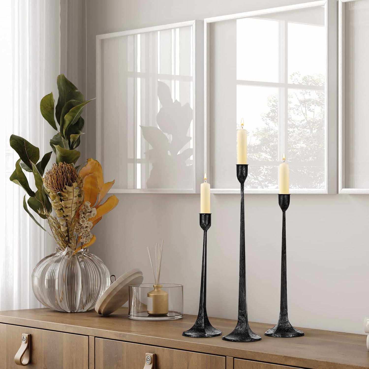 Tall Black Cast Iron Taper Candle Holder Set