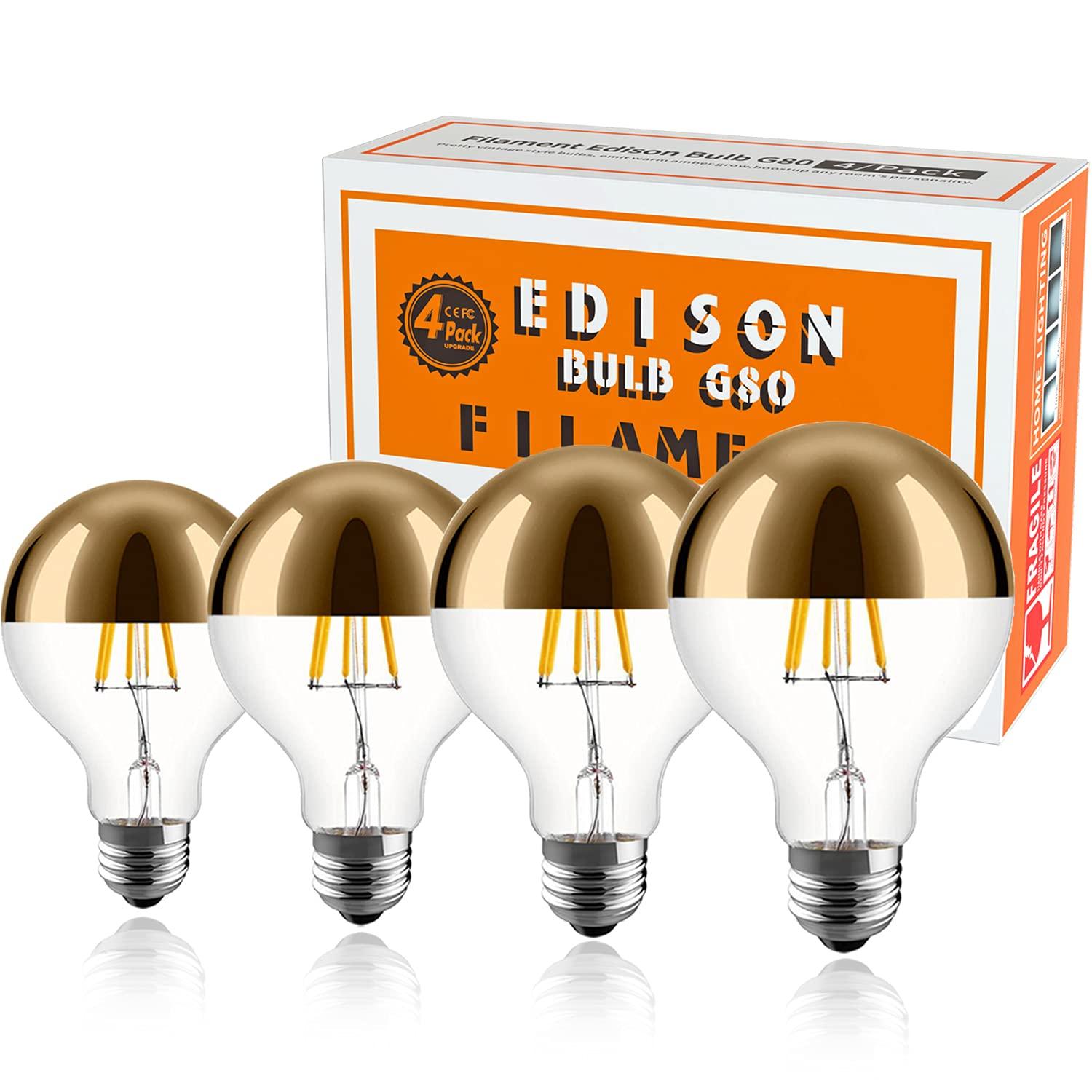 Half Chrome Light Bulb,6W (60W Equivalent) Dimmable LED Edison Bulb,G80/G25 Globe Shape Decorative LED Bulbs,Half Gold Reflected Light 2700K Soft White E26 Base Pack of 4