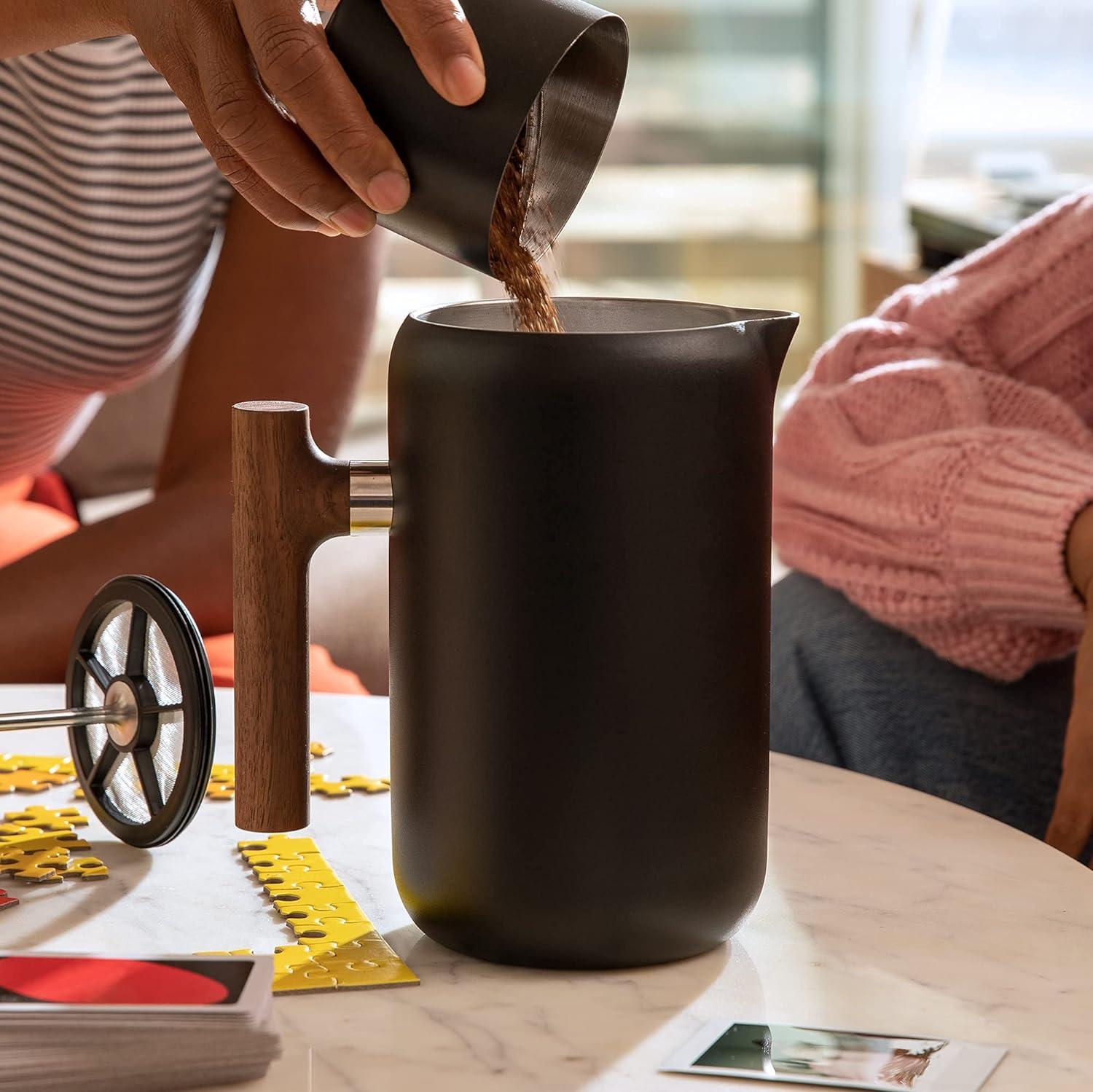 Matte Black and Walnut Insulated French Press Coffee Maker
