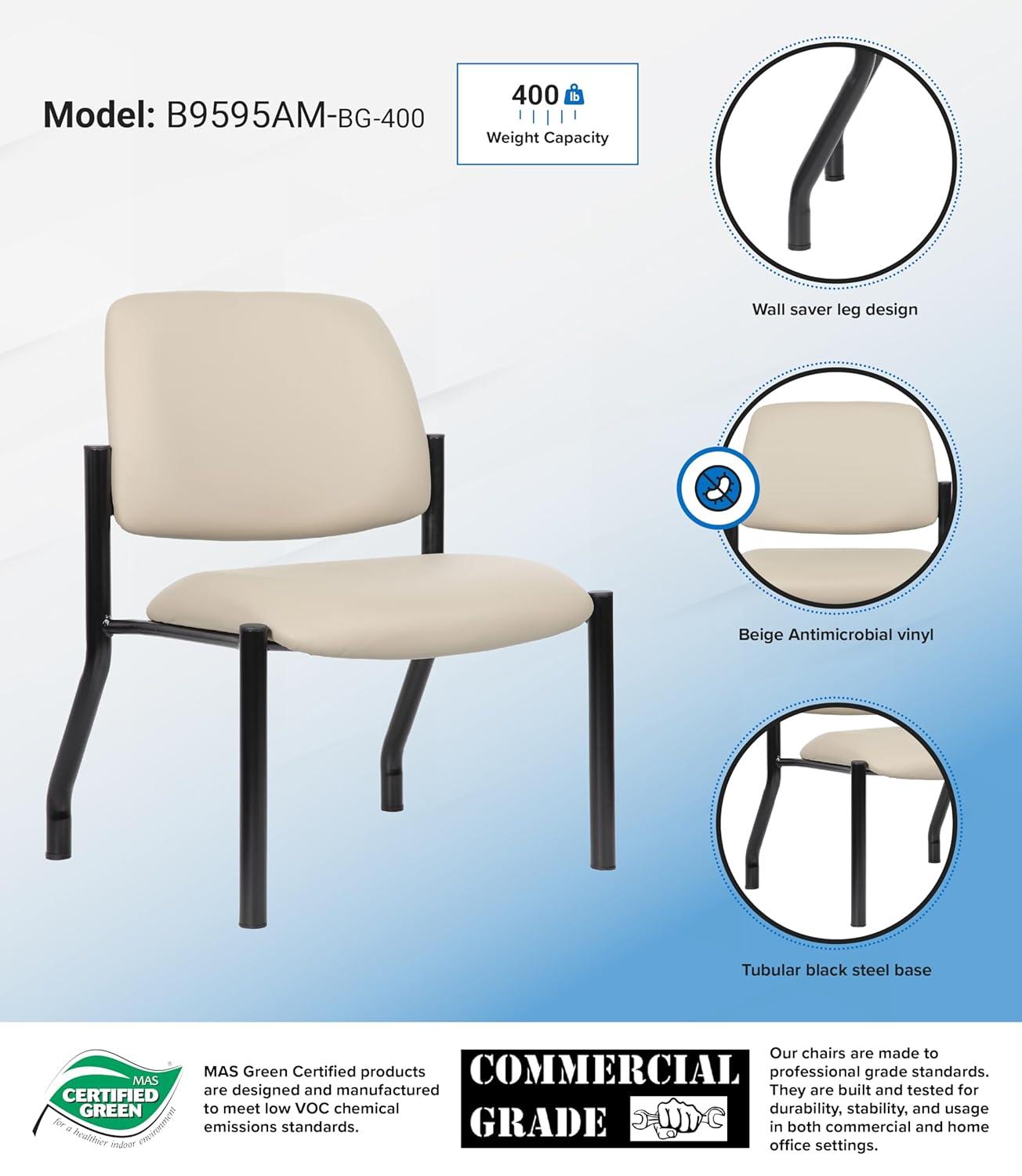 Boss Office Products Antimicrobial Armless Guest Side Chair, 400 lb. weight capacity, Beige