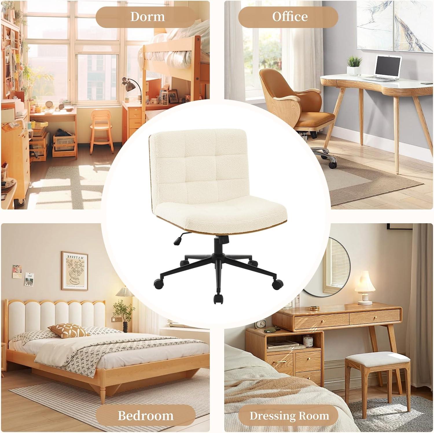 Armless Home Office Task Desk Computer Chair No Wheels PU-Padded Adjustable Swivel Vanity Chair lvory white