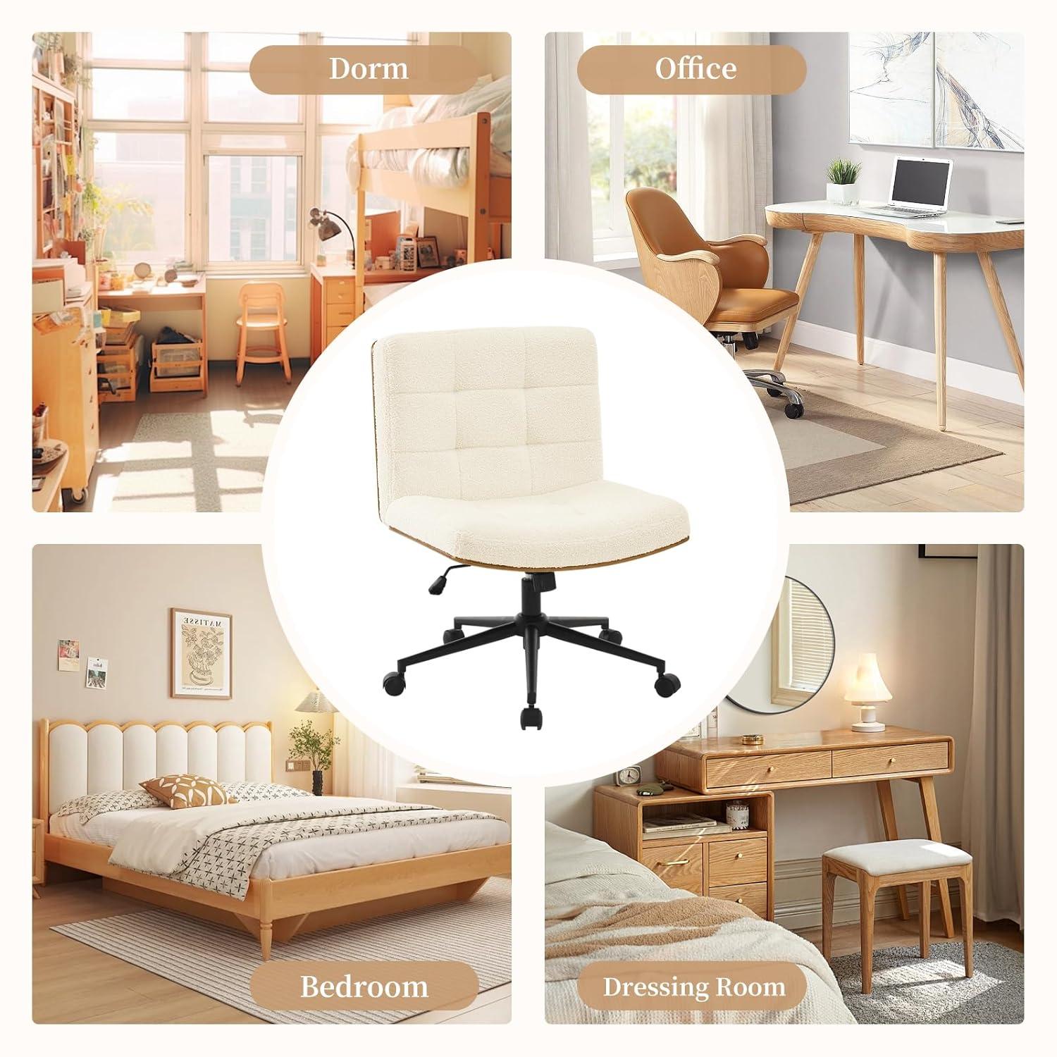 Armless Home Office Task Desk Computer Chair No Wheels PU-Padded Adjustable Swivel Vanity Chair lvory white
