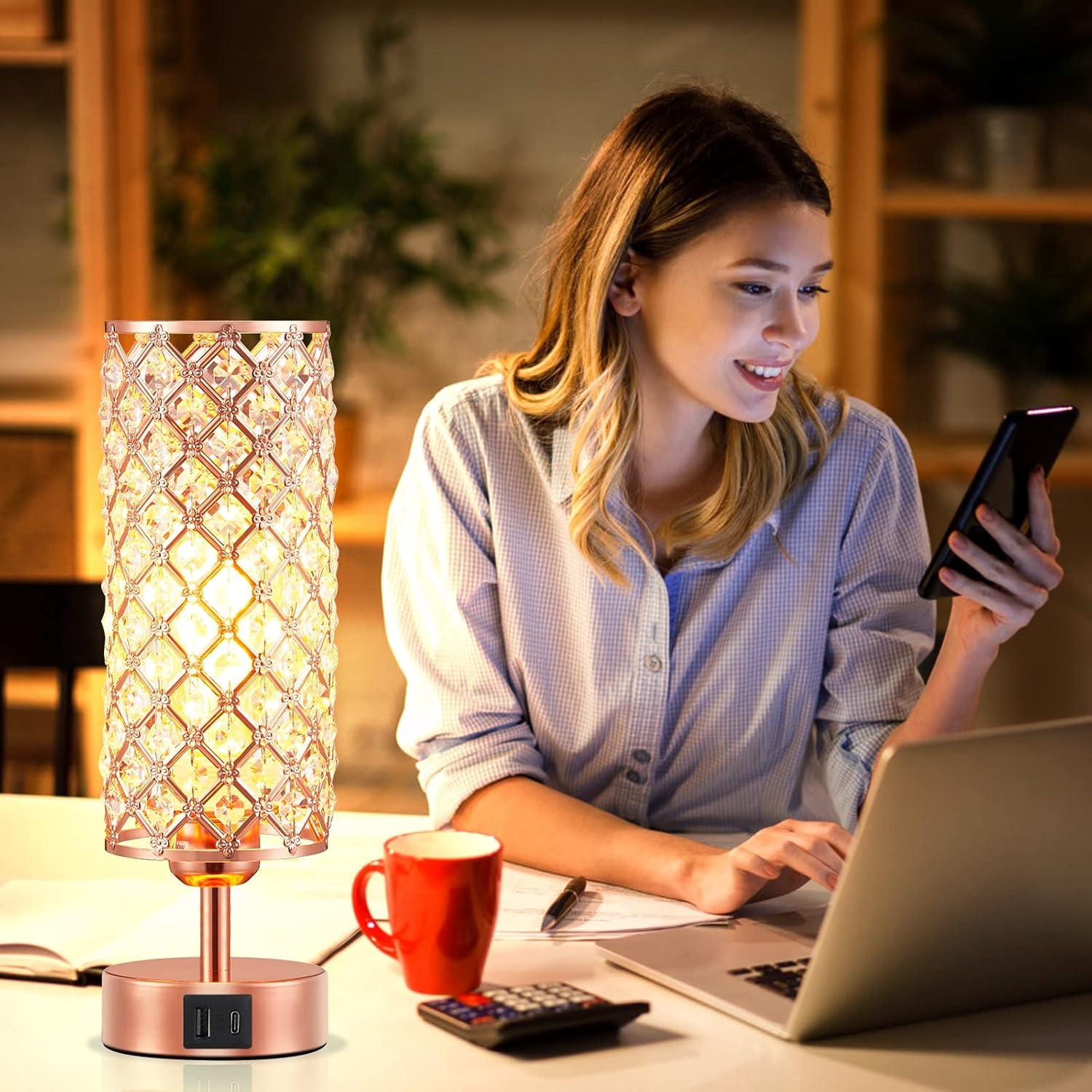 Rose Gold Crystal Touch Table Lamp with USB Ports