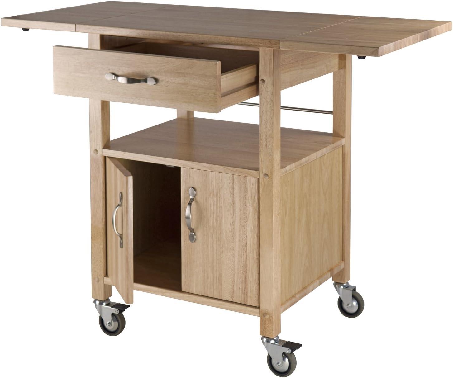 Transitional Brown Wood Drop-Leaf Kitchen Cart with Storage