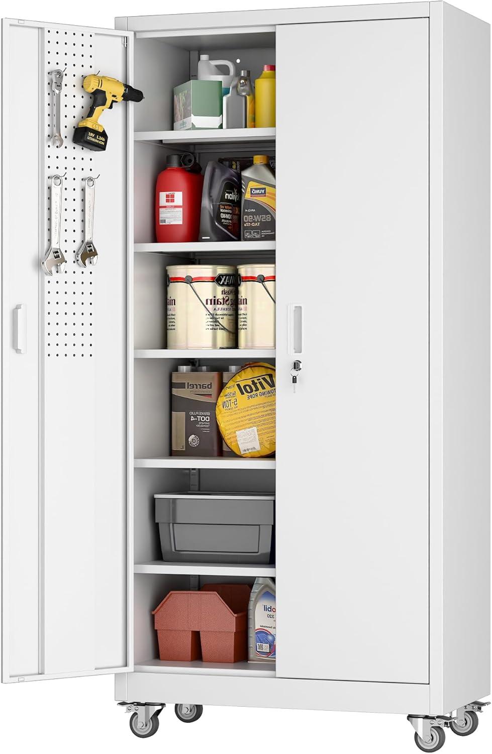 AOBABO 72 Inch Locking Metal Garage Home Office Storage Cabinet with Universal Rubber Wheels/Lockable Casters and Magnetic Doors, White