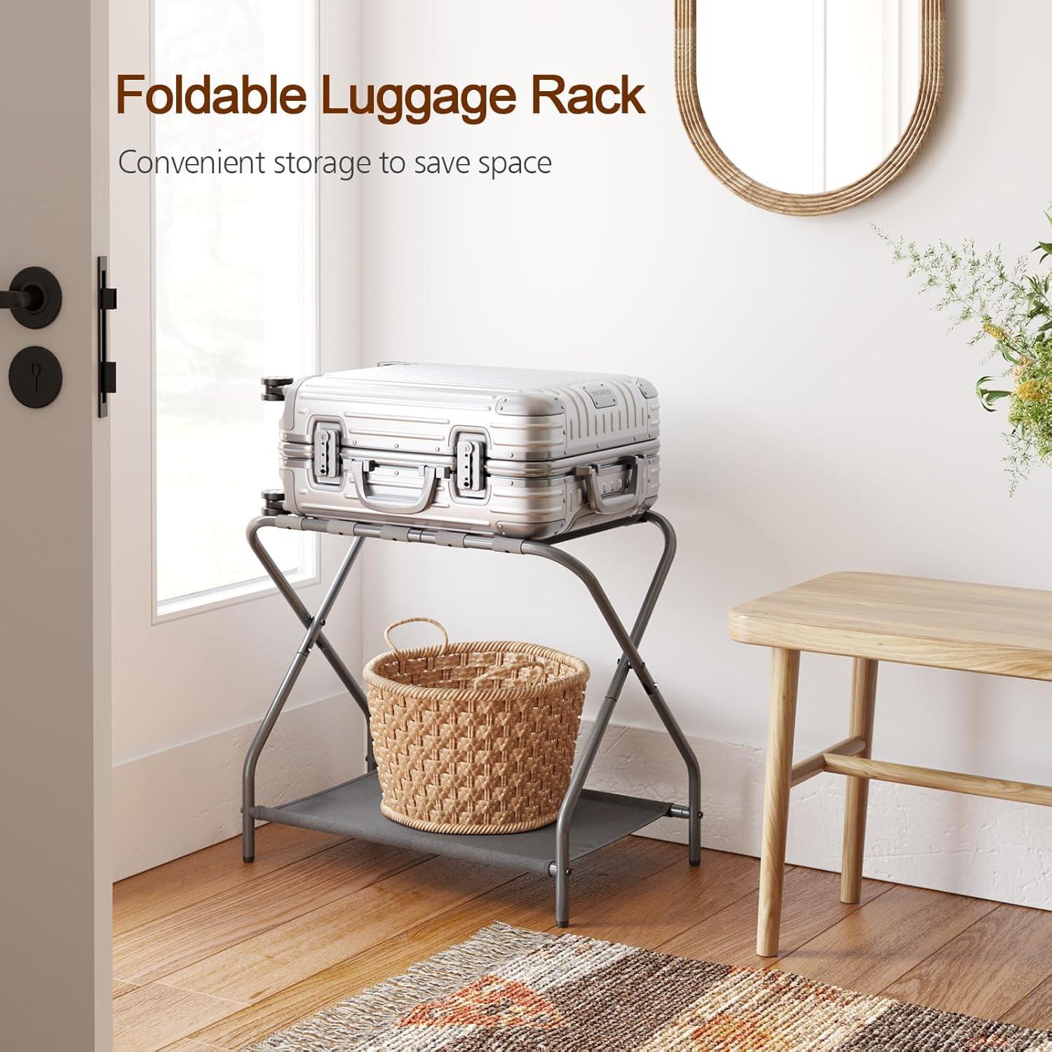 MEBROT Set Of 2, Foldable Suitcase Stands For Guest Room, Metal Luggage Holder With Storage Shelf For Bedroom, Hotel, Easy Assemble