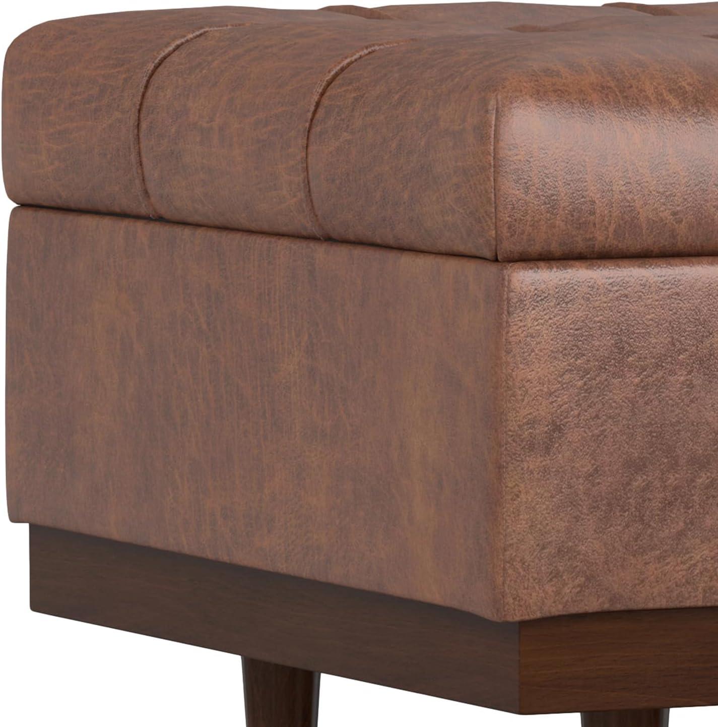 Simpli Home Mariah 34 inch Wide Contemporary Rectangle Coffee Table Storage Ottoman in Distressed Saddle Brown Vegan Faux Leather