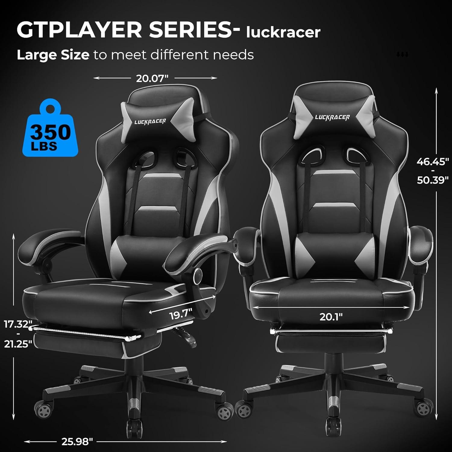 GTPLAYER Gaming Chair with Footrest, Big and Tall Game Chair 350lb Racing Style Computer Chair, Ergonomic Executive Office Chair High Back with Lumbar Support and Recliner, Gray