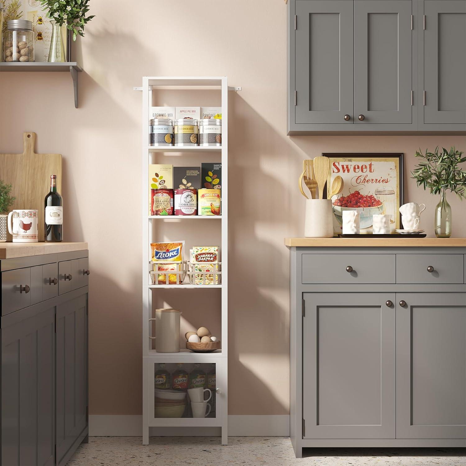 TUTOTAK 5 Tier Bookcase and Bookshelf, Narrow Book Shelf with Door for Small Space, for Living Room, Office, Study, Entryway, White BS03BW005