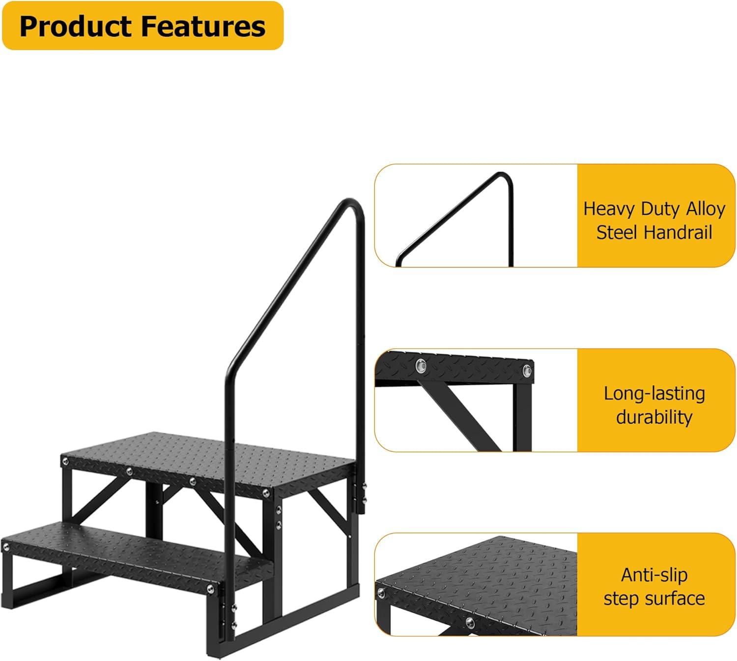 Tcbosik RV Steps with Handrail, 5 Steps Ladder Hot Tub Steps, Portable Stairs Step with Anti-Slip Panel, Heavy Duty Metal Mobile Home Stairs for Outdoor RV Step, Camper Trailer, Black