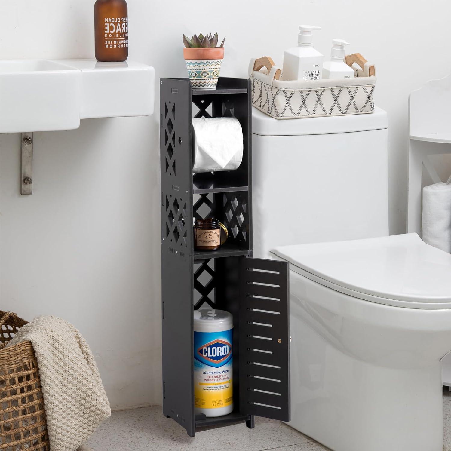 Danhires Toilet Paper Storage Cabinet,Toilet Paper Holder Stand,Bathroom Storage Cabinet With Roller,Slim Storage Cabinet For Small Space,Black