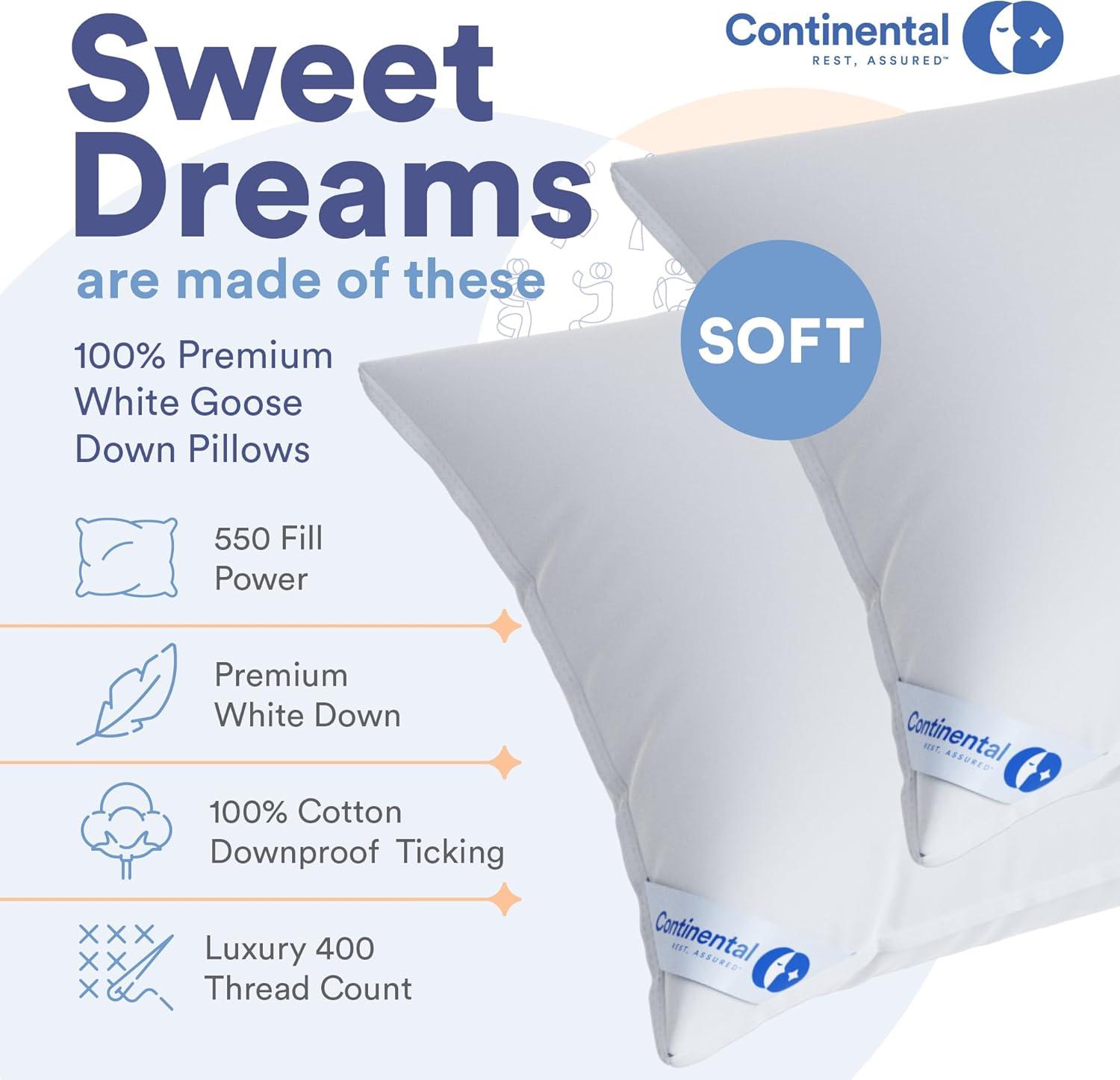 ContinentalBedding Continental Bedding Soft Down Pillows, 2-Pack, 550FP, 75% Down 25% Feather, 400TC 100% Cotton Cover (Set of 2)