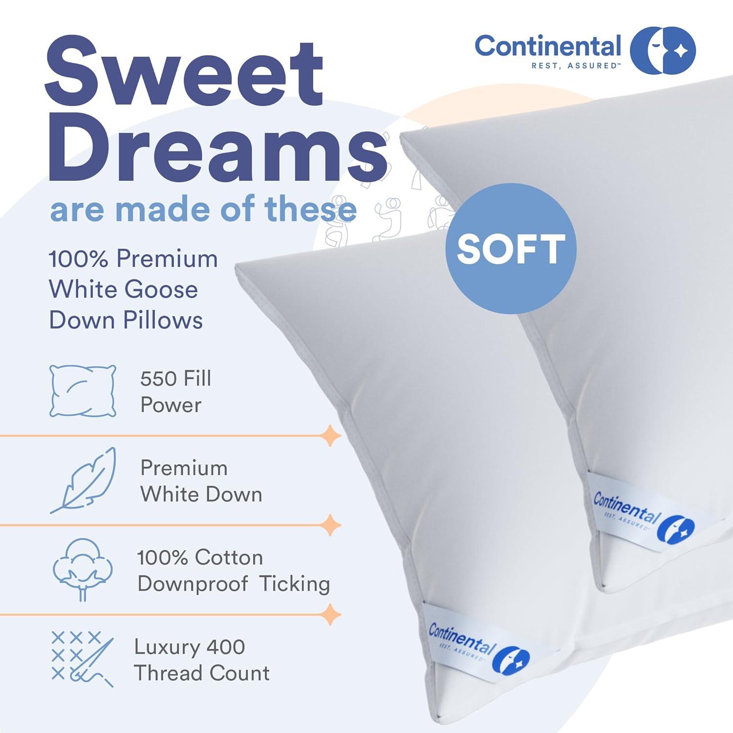 ContinentalBedding Continental Bedding Soft Down Pillows, 2-Pack, 550FP, 75% Down 25% Feather, 400TC 100% Cotton Cover (Set of 2)