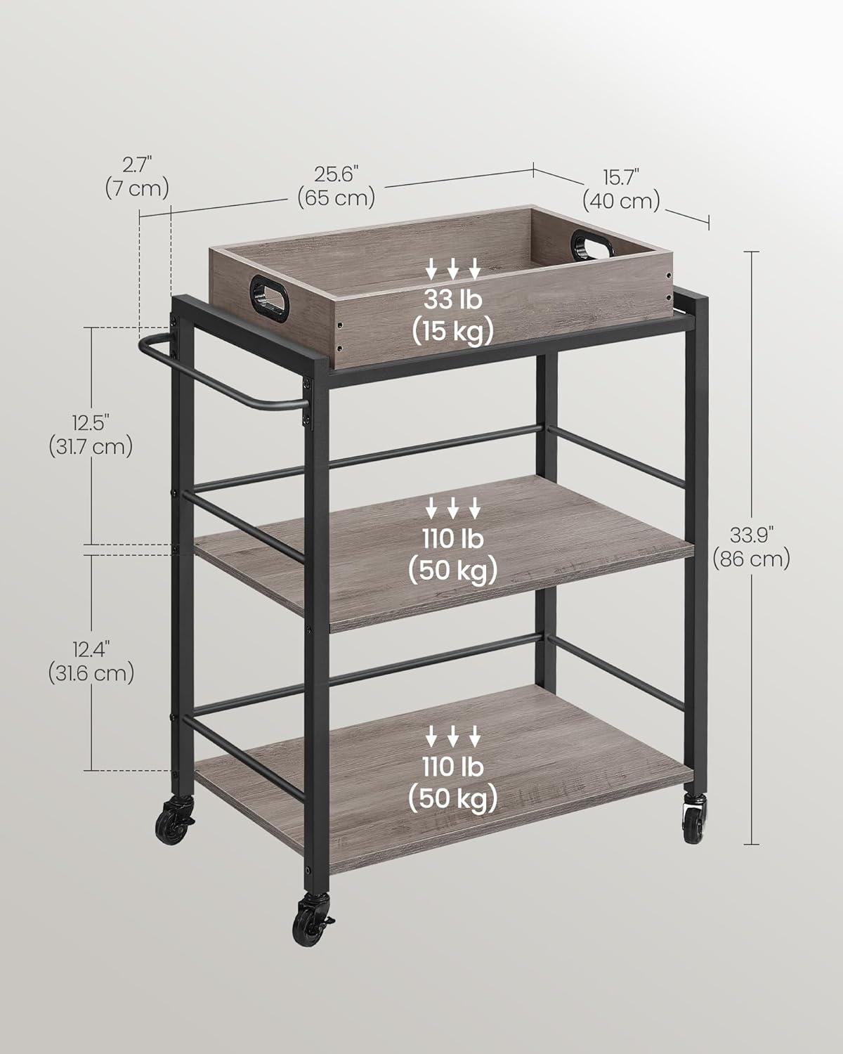 VASAGLE Bar Cart Kitchen Serving Cart Utility Cart with Wheels and Handle Rustic Brown and Black