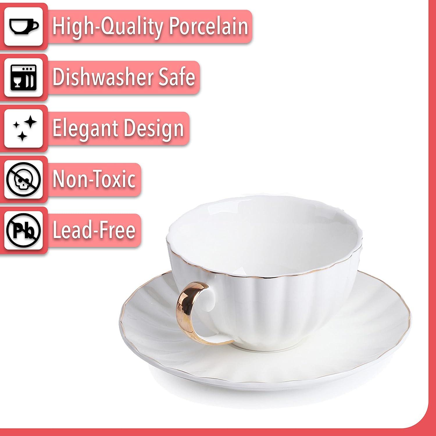 Elegant White Porcelain Tea Cups with Gold Trim, Set of 6