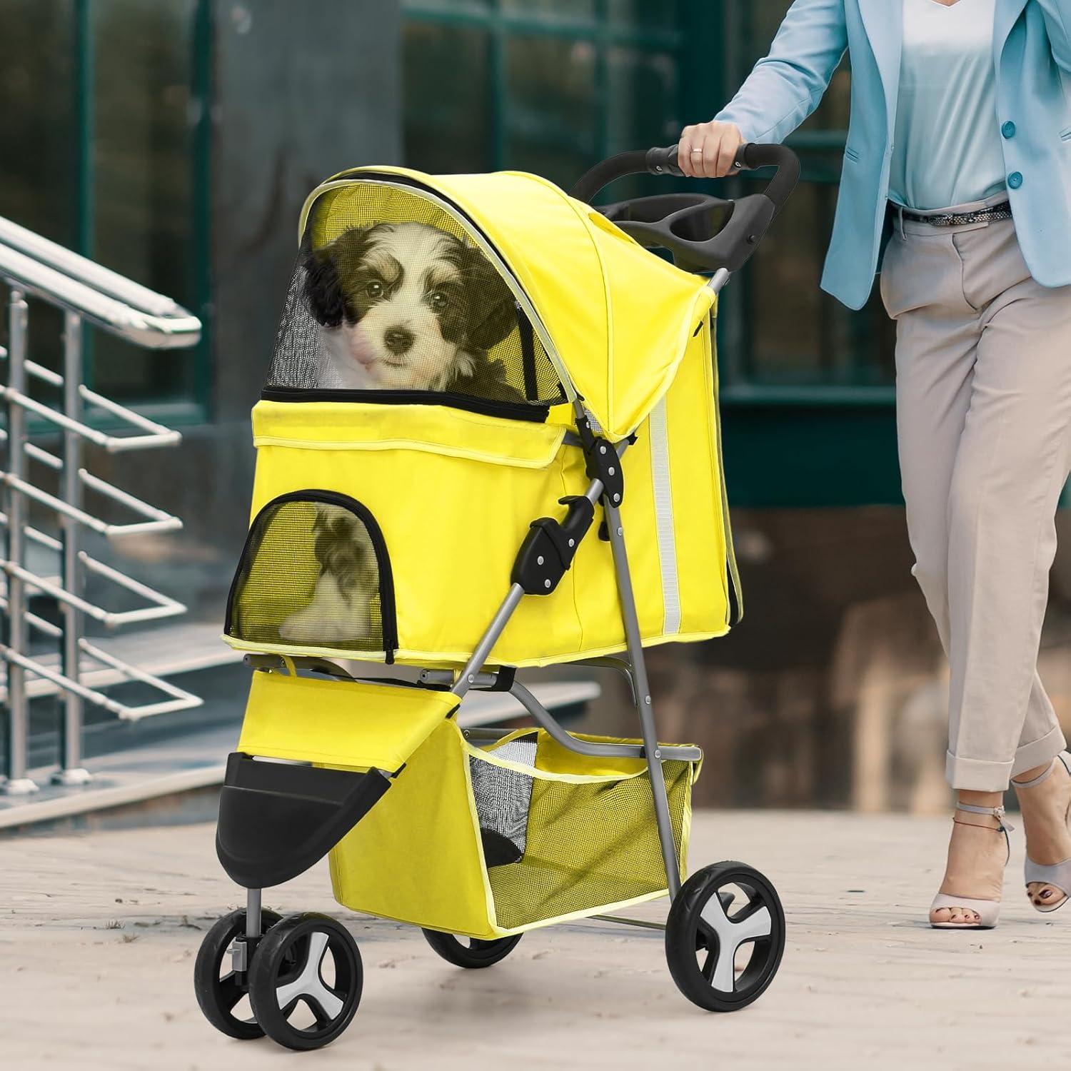 Magshion Pet Dog Stroller with 3 Wheels, Foldable Dog Stroller Carrier Cart with Storage Basket and Cup Holder for Small and Medium Dogs, Yellow