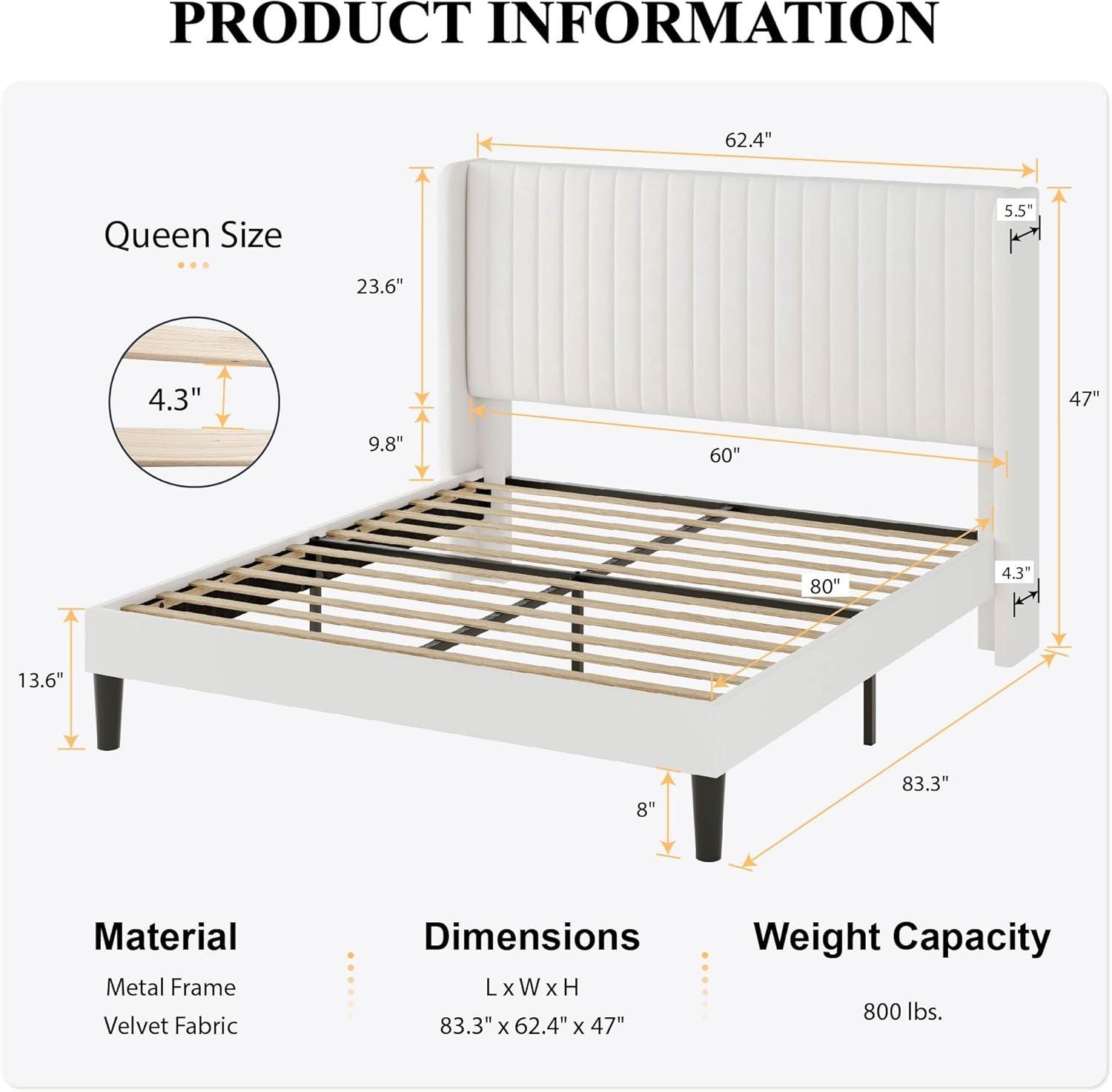 White Velvet Upholstered Queen Bed Frame with Tufted Headboard